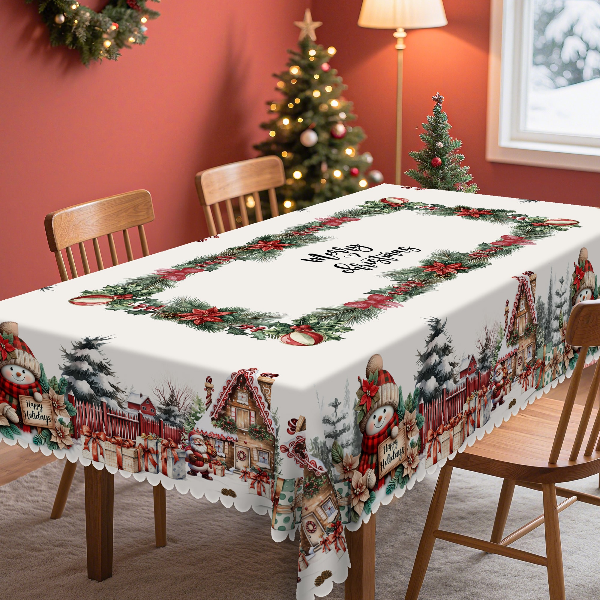 WISH TREE White 55x70 inch Christmas Tablecloth Machine Washable Table Cloths with Santa reindeer and Christmas trees Decorative Table Cover for Dining Room Kitchen Holiday Parties and Christmas Decor