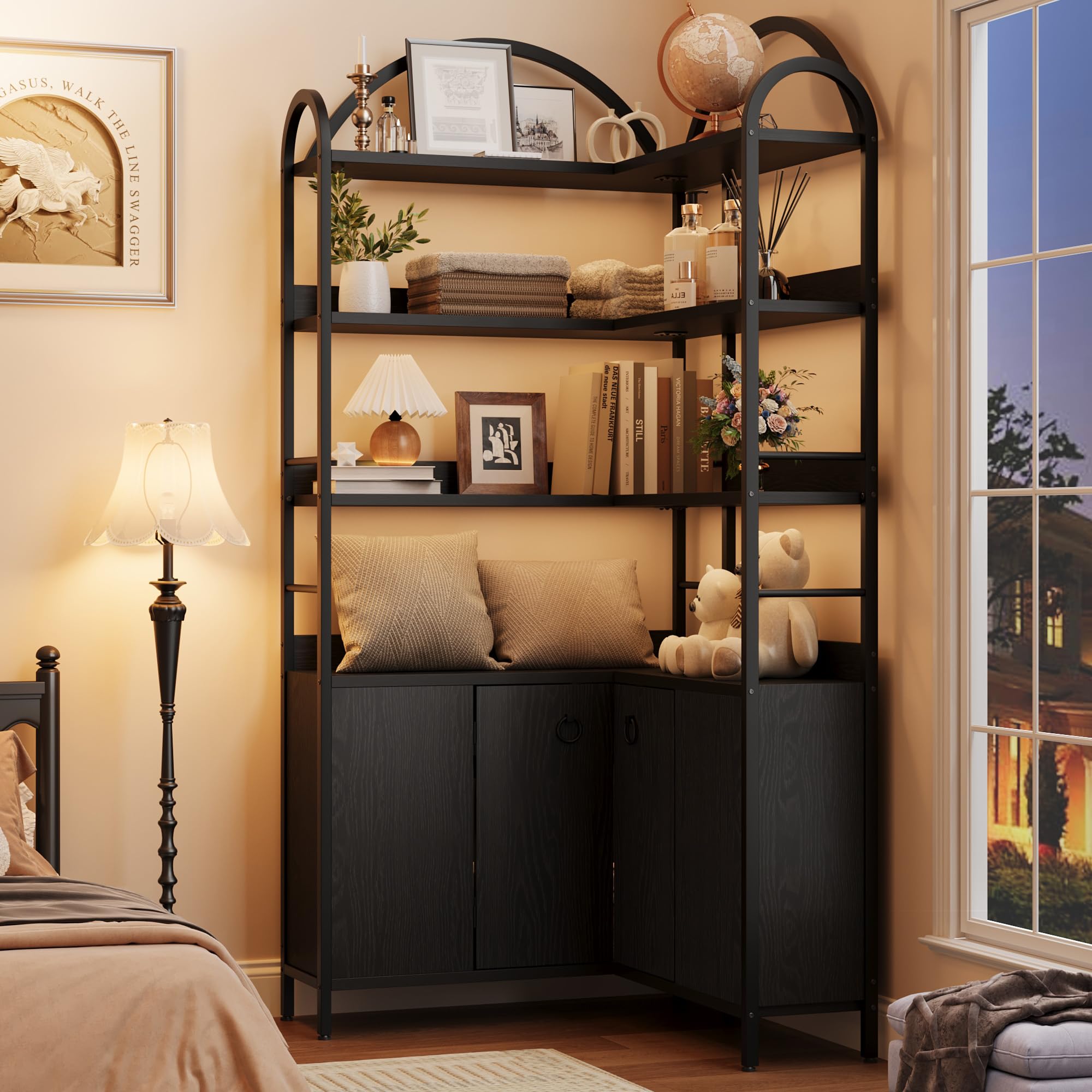 Assile Black Corner Bookshelf with Cabinet Doors Arched Design