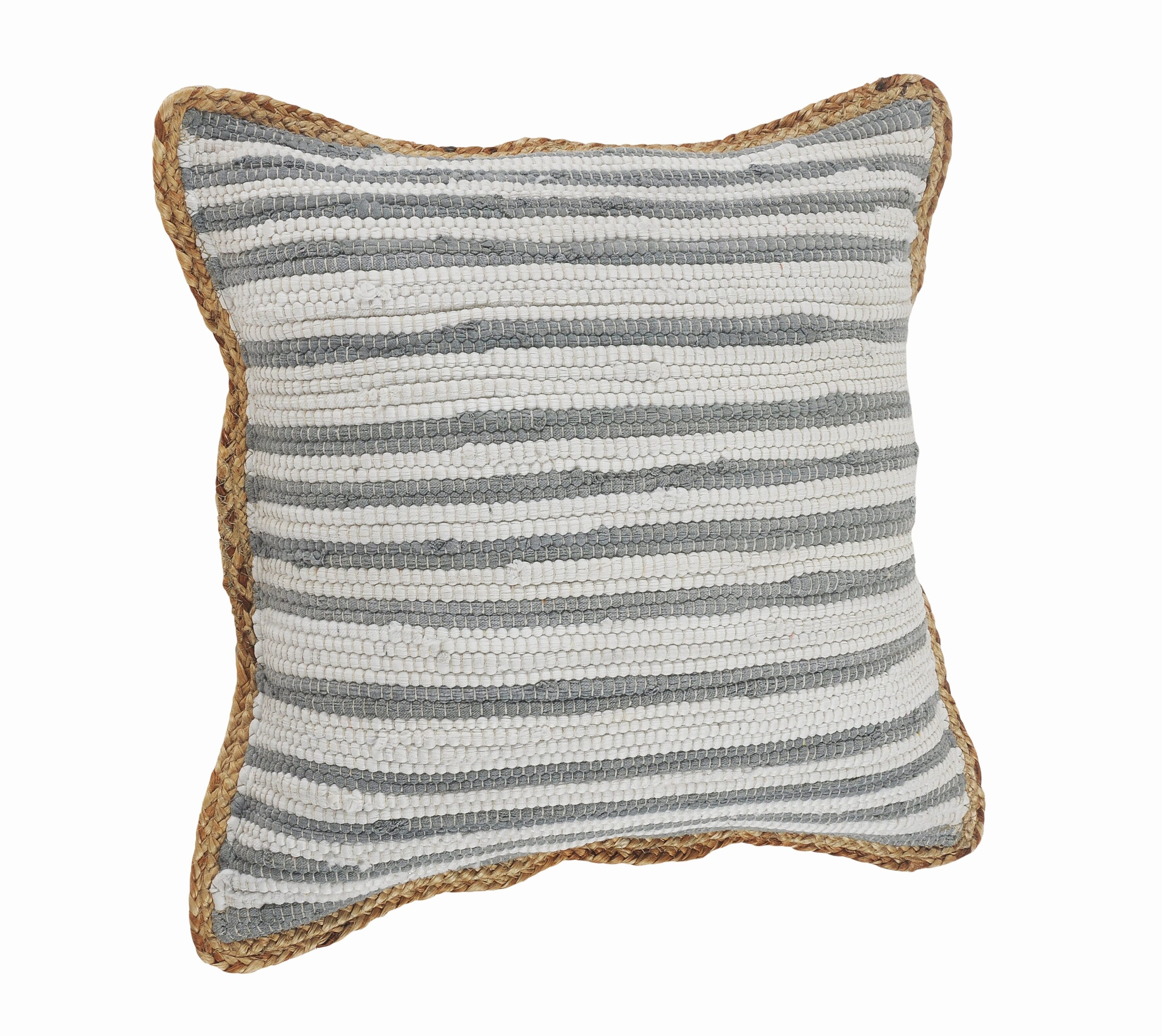 Gray and White Striped Cotton Throw Pillows with Braided Border, Set of 2