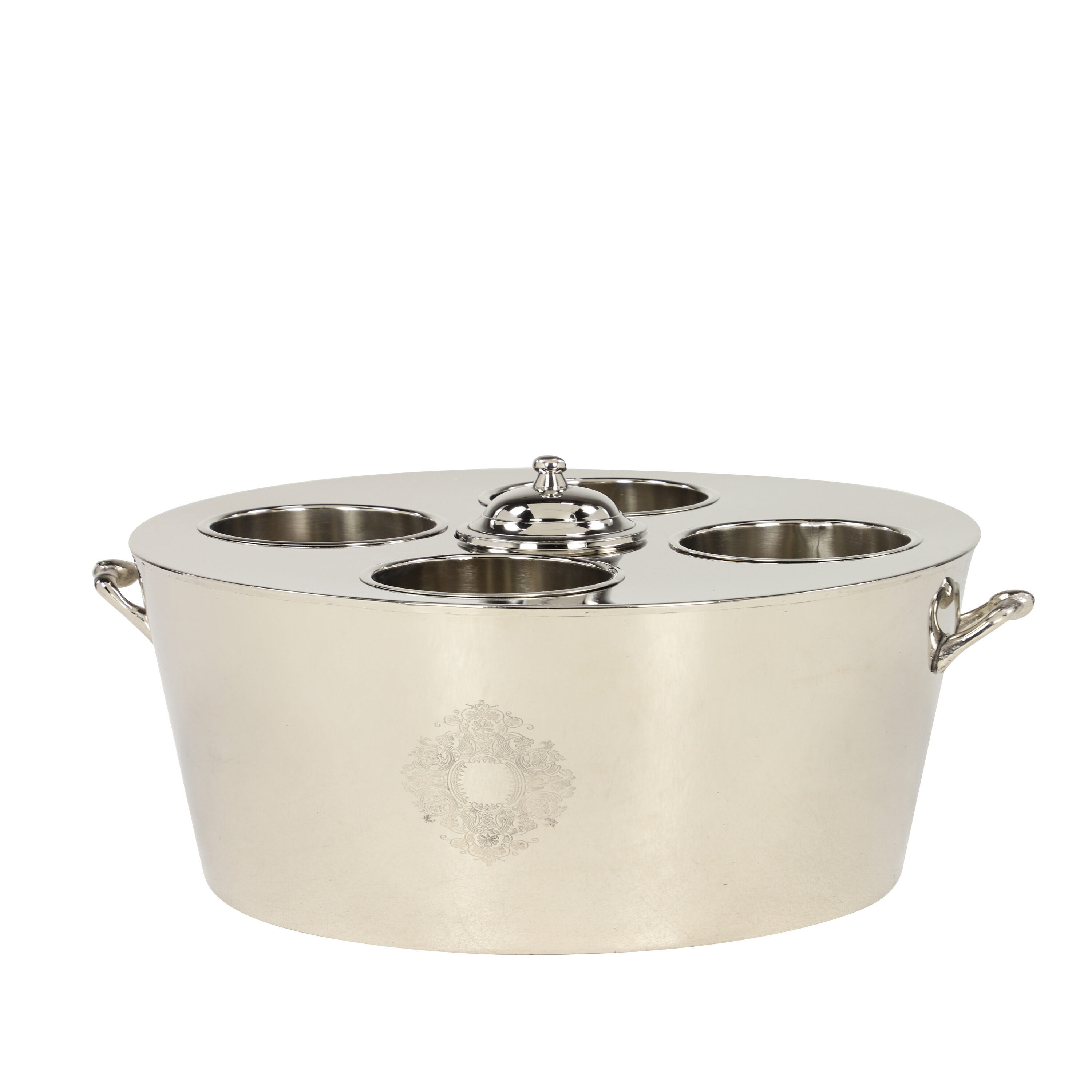 Large Oval Silver Metal Ice Bucket with Handles and Etching