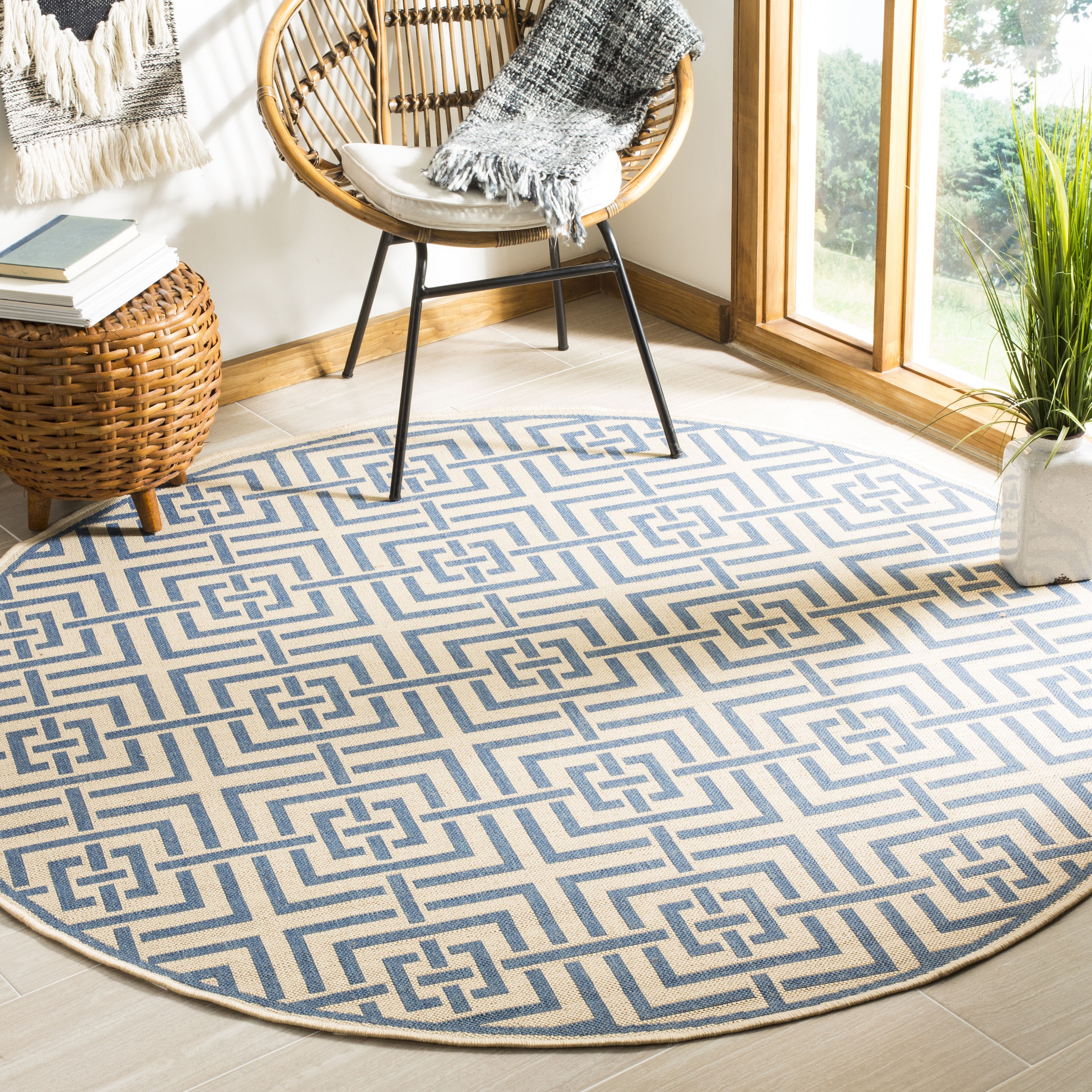 Safavieh LND128N-6R Linden Heather 6 x 6 (ft) Loomed Polypropylene Cream/Blue Round Indoor Abstract Coastal Area rug
