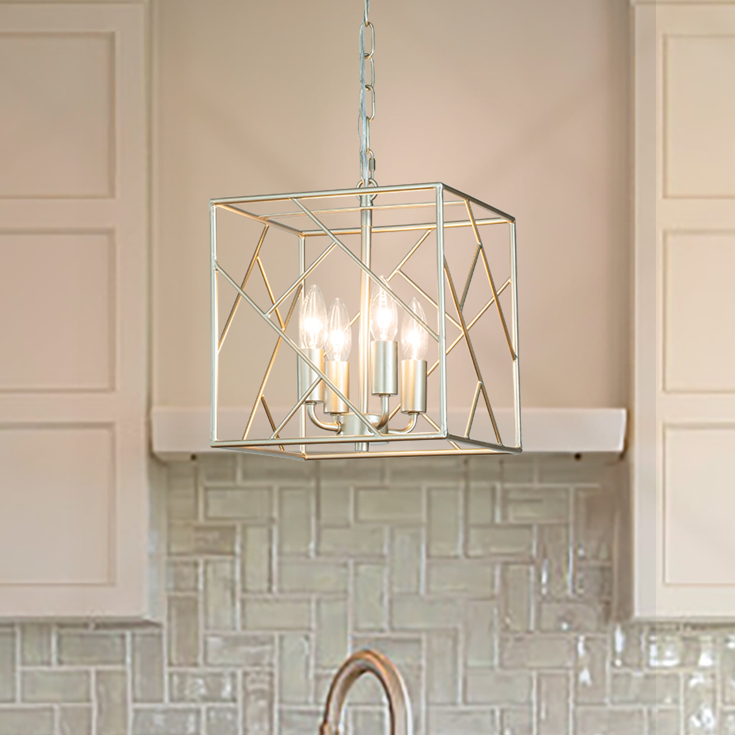AloaDecor Lighting L7184D28CS01A 4 -Light Antique Silver Industrial Square Medium Hanging Pendant light