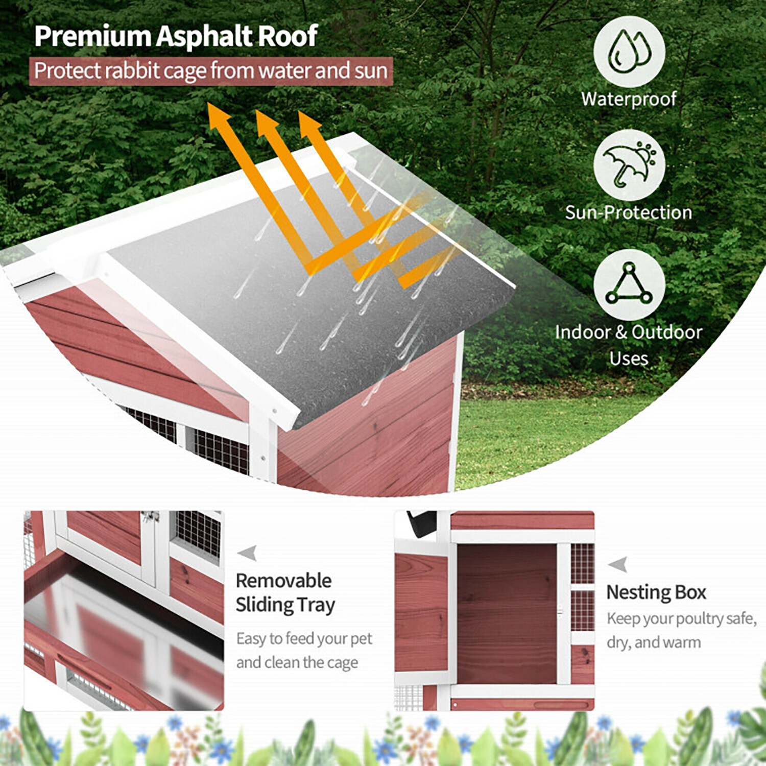 White and Red 2-Story Wooden Rabbit Hutch with Ramp