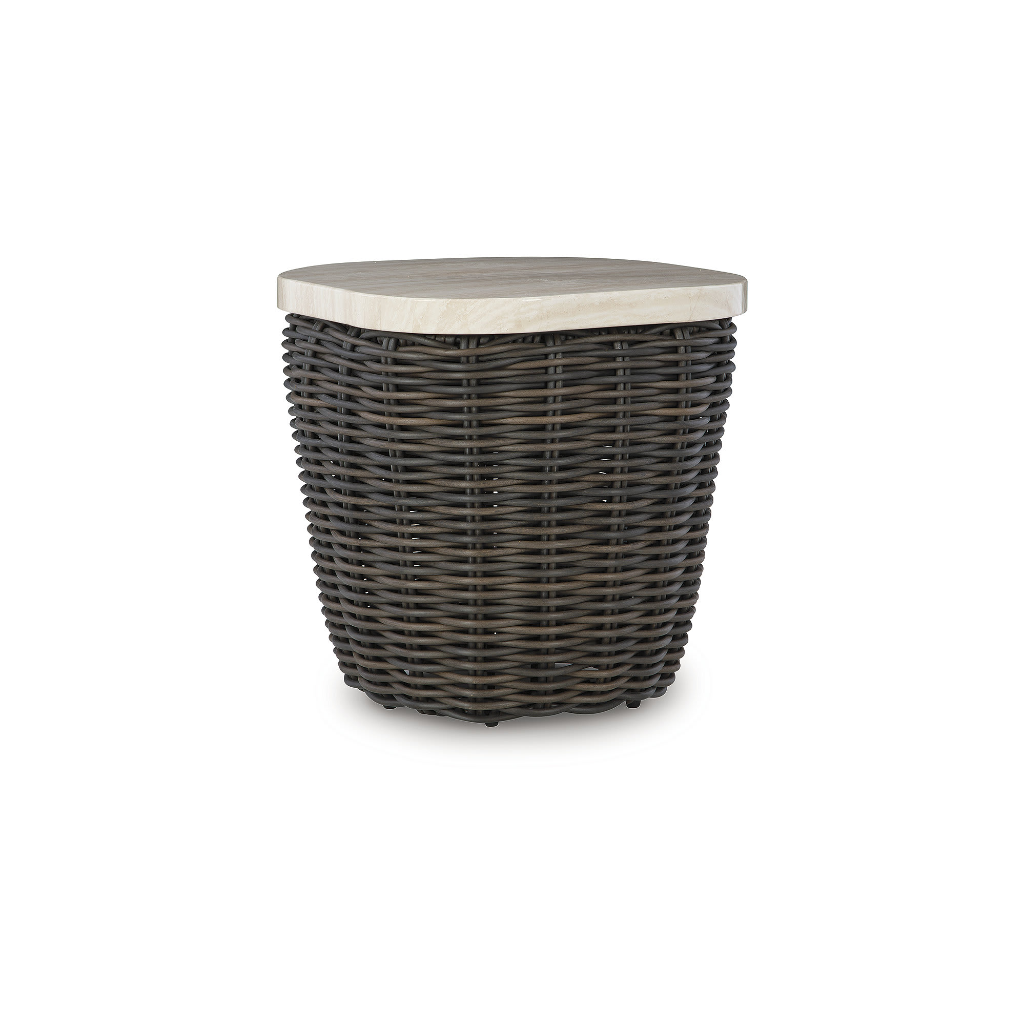 Signature Design by Ashley P711-702 Kimora Beige Dark Brown Outdoor End Table with Resin Wicker and Marble Look Top