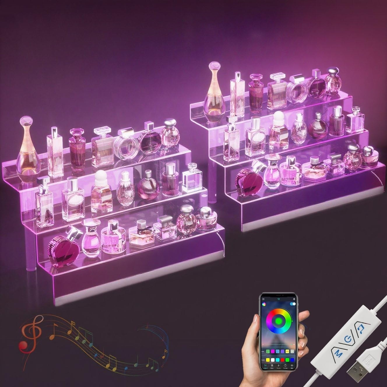 Etokfoks  16 in Acrylic Display Organizer 2 Pack 3 Tier with LED Color Changing Light Clear Perfume