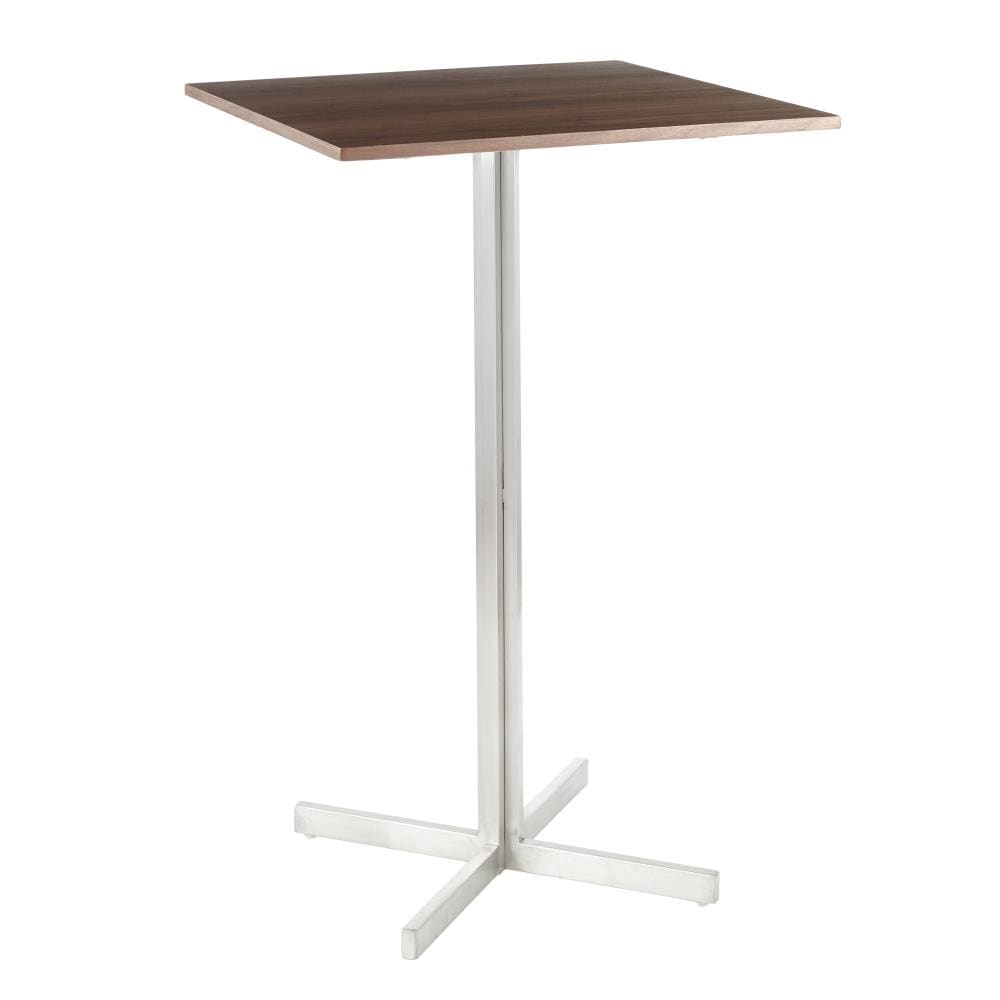 LumiSource BT-FUJISQ SS+WL Fuji Stainless Steel, Walnut Wood Contemporary/Modern Bar Table, Wood with Brushed Stainless Steel Metal Pedestal Base 26.5-in L x 42-in H