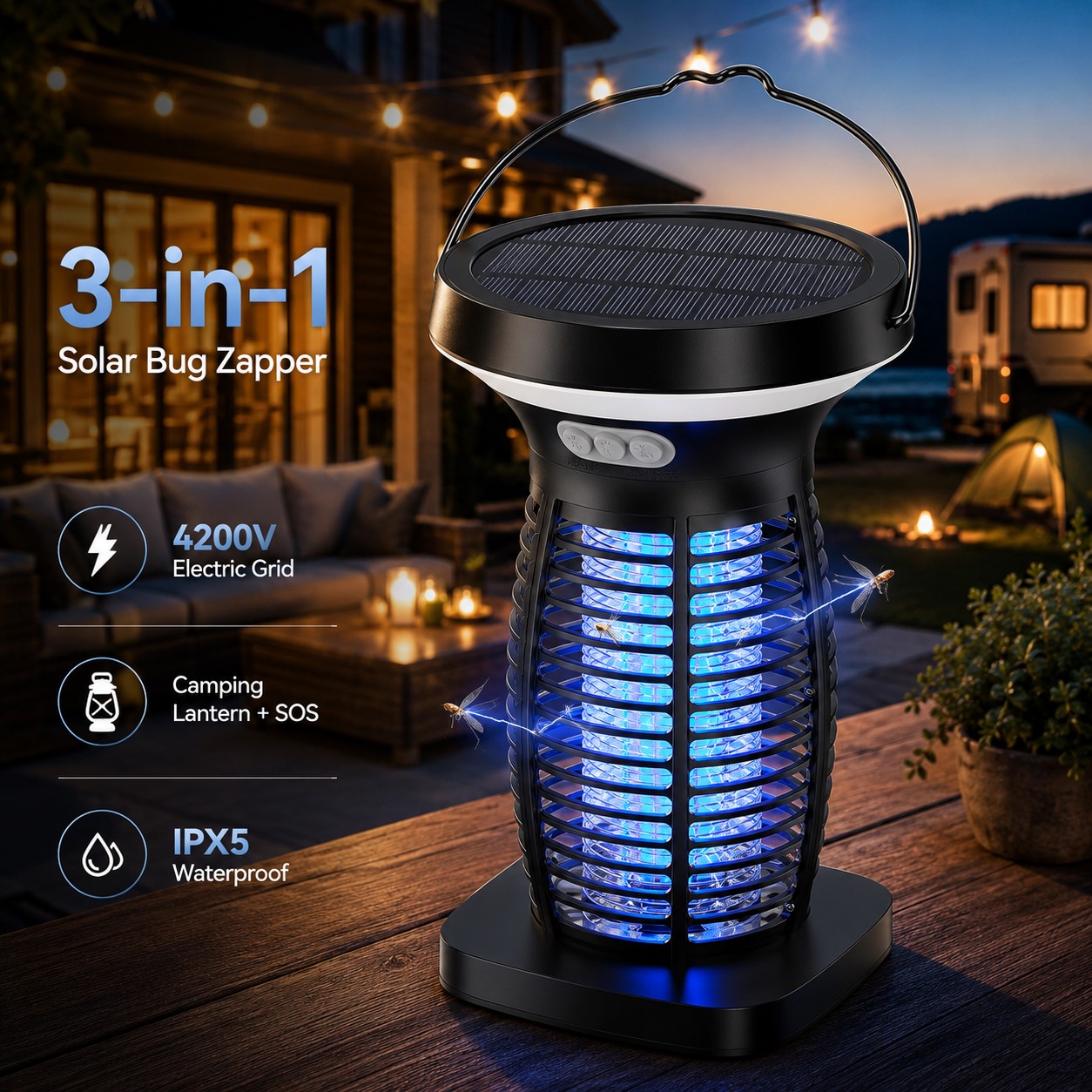 HBUDS 3-in-1 Tactical Solar Bug Zapper Outdoor Portable 4200V Electric Mosquito Zapper and Camping Lantern with SOS Mode IPX5 Waterproof Cordless Fly Trap for Patio Backyard Living RV and Indoor Defense