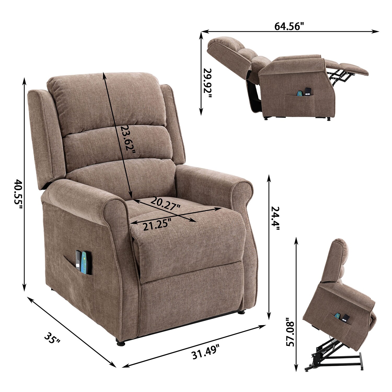 Gzmr Brown Polyester Powered Reclining Recliner With Lift Assistance At 