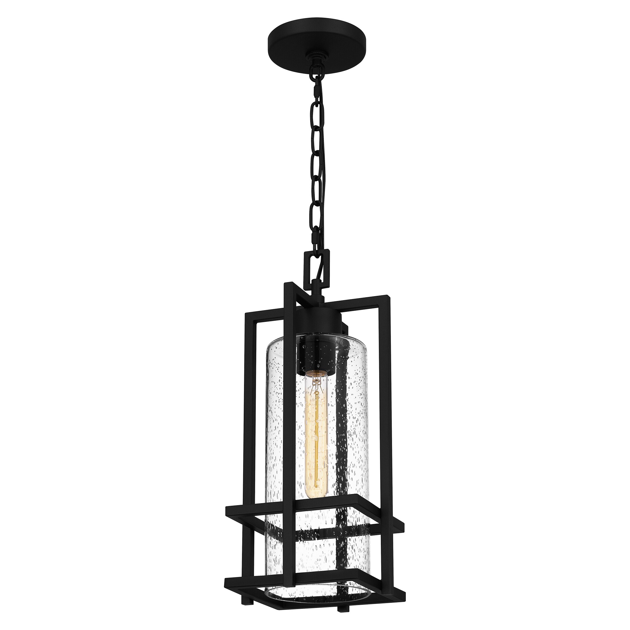 Quoizel Damien Earth Black Transitional Seeded Glass Lantern Medium Outdoor Hanging Pendant