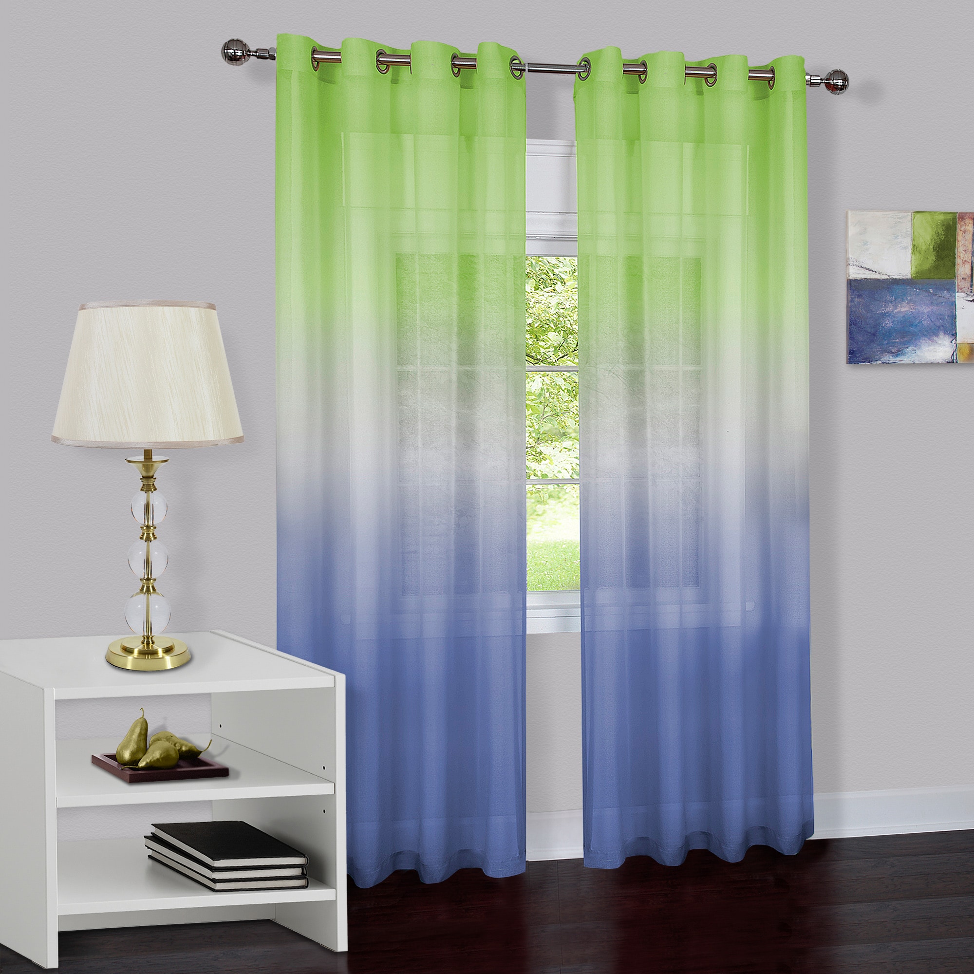 Green and Blue Ombre Sheer Grommet Curtain Panel