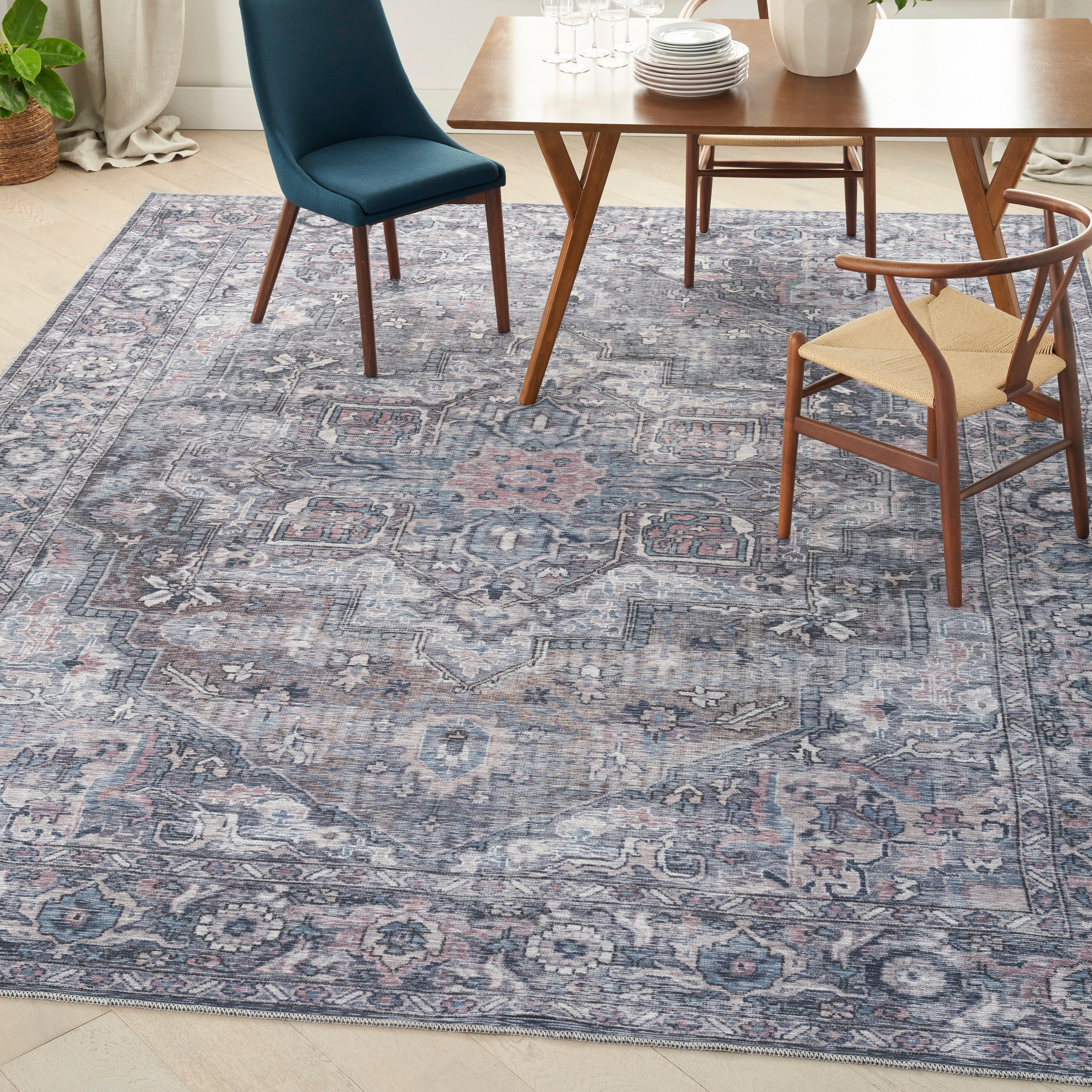 Nicole Curtis 099446871855 Machine Washable Series 1 9 x 12 (ft) Loomed Polyester Grey Rectangular Indoor Floral/Botanical Vintage Machine washable Area rug