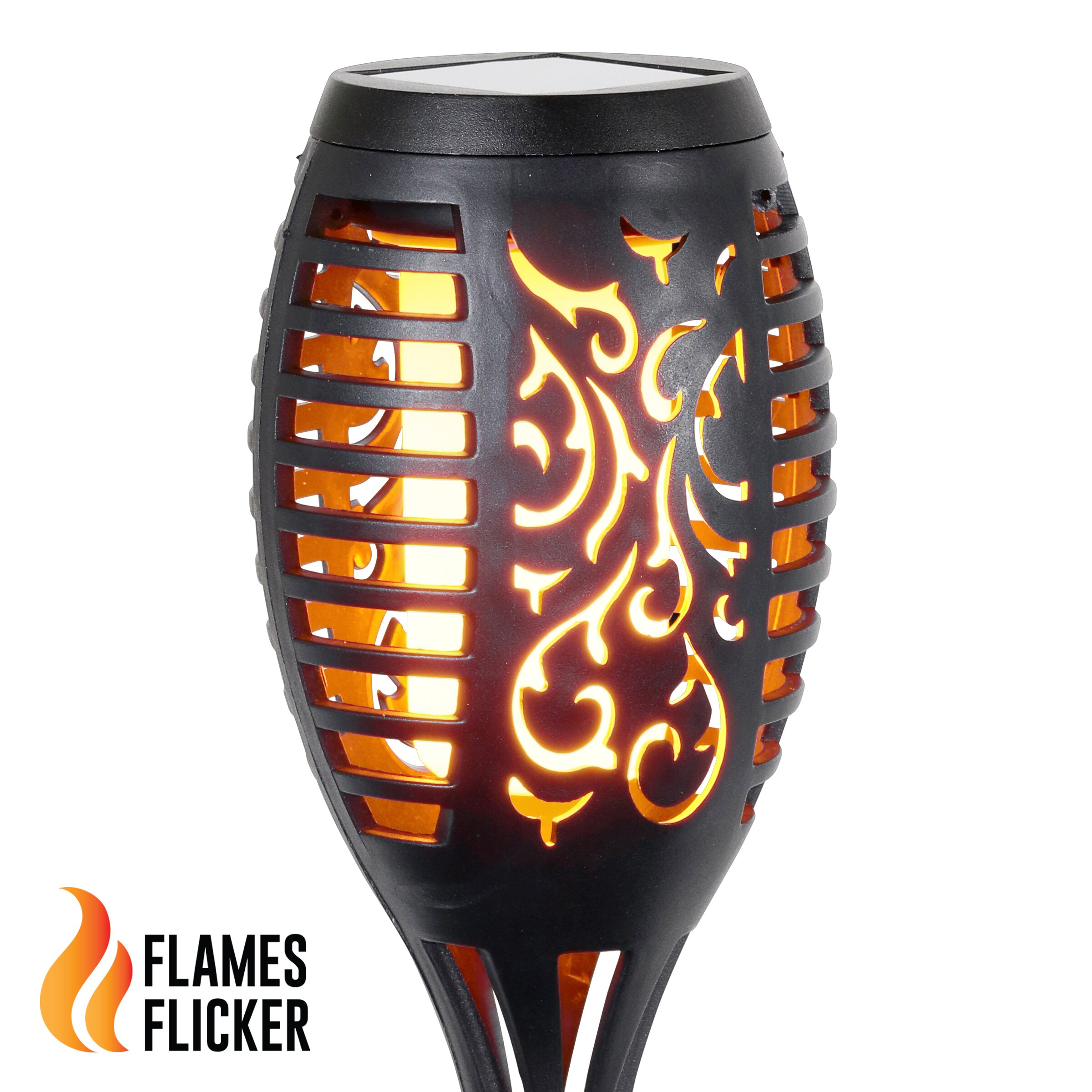 Set of 4 Black Plastic Solar LED Flame Garden Stakes