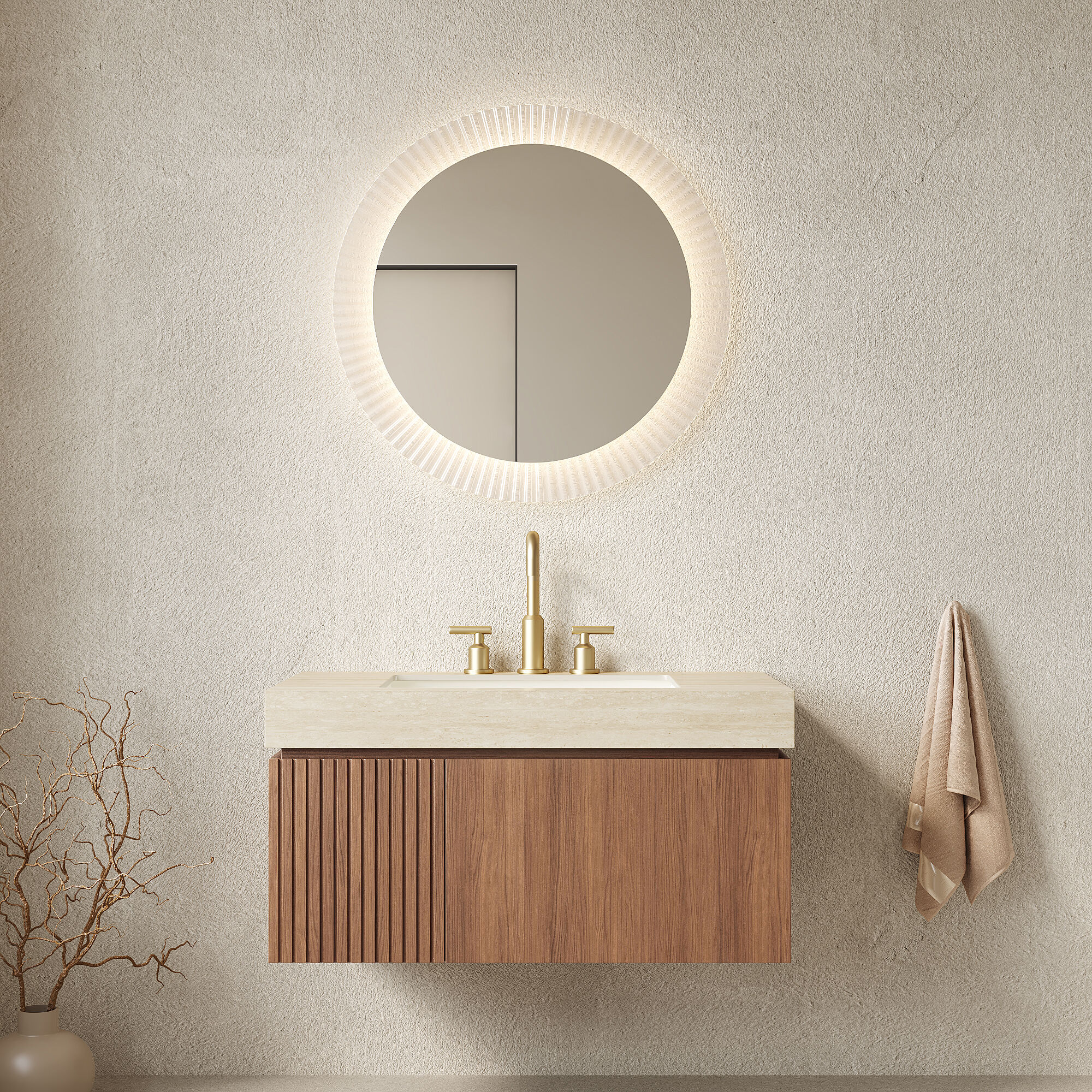 GDFStudio Muri Modern 36 in Floating Wall-Mounted Bathroom Vanity with Sintered Stone Top and Ceramic Basin with 3 Pre-drilled Faucet Holes - Pre-assembled - Roma Travertine Top and Brown Oak Woodgrain