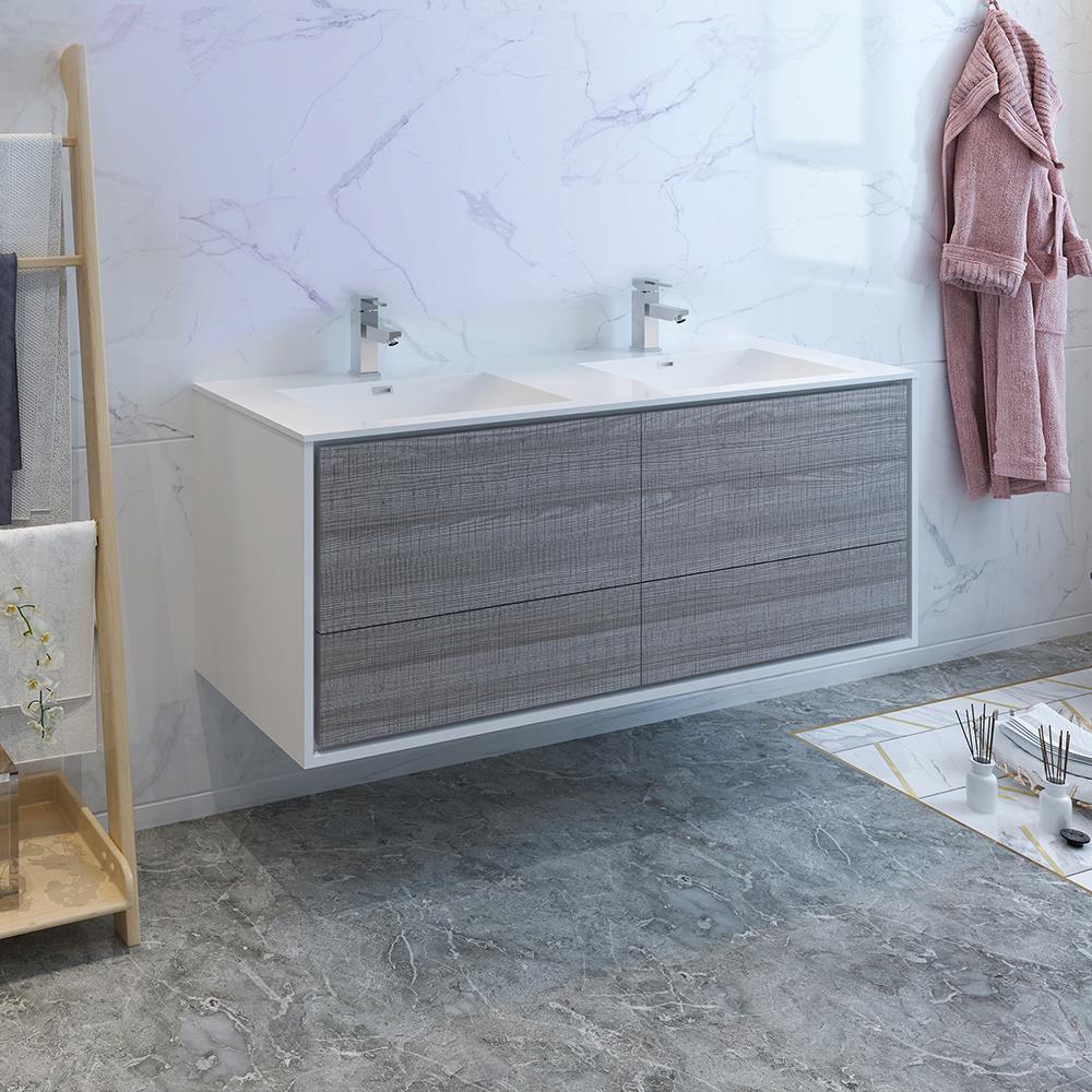 Fresca FCB9260HA-D-I Catania 60-in Ash Gray Double sink Floating Bathroom Vanity with White Acrylic Top