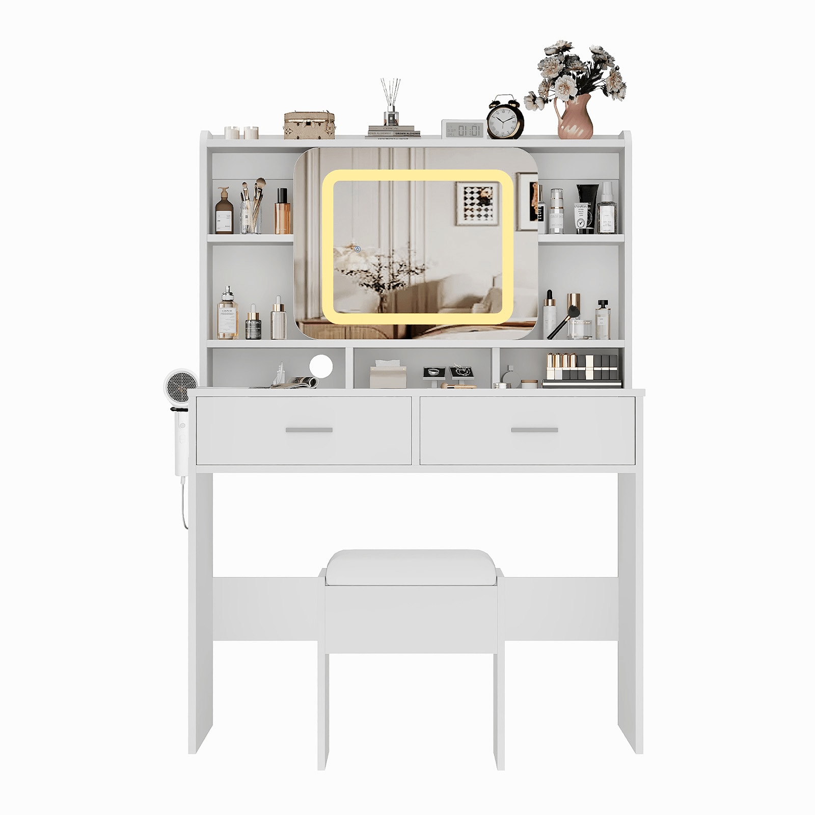 Qeetex SUN-PHO-339K84HD Modern Makeup Vanity with LED Mirror USB Outlets 2 Drawers and Stool for Bedroom or Studio