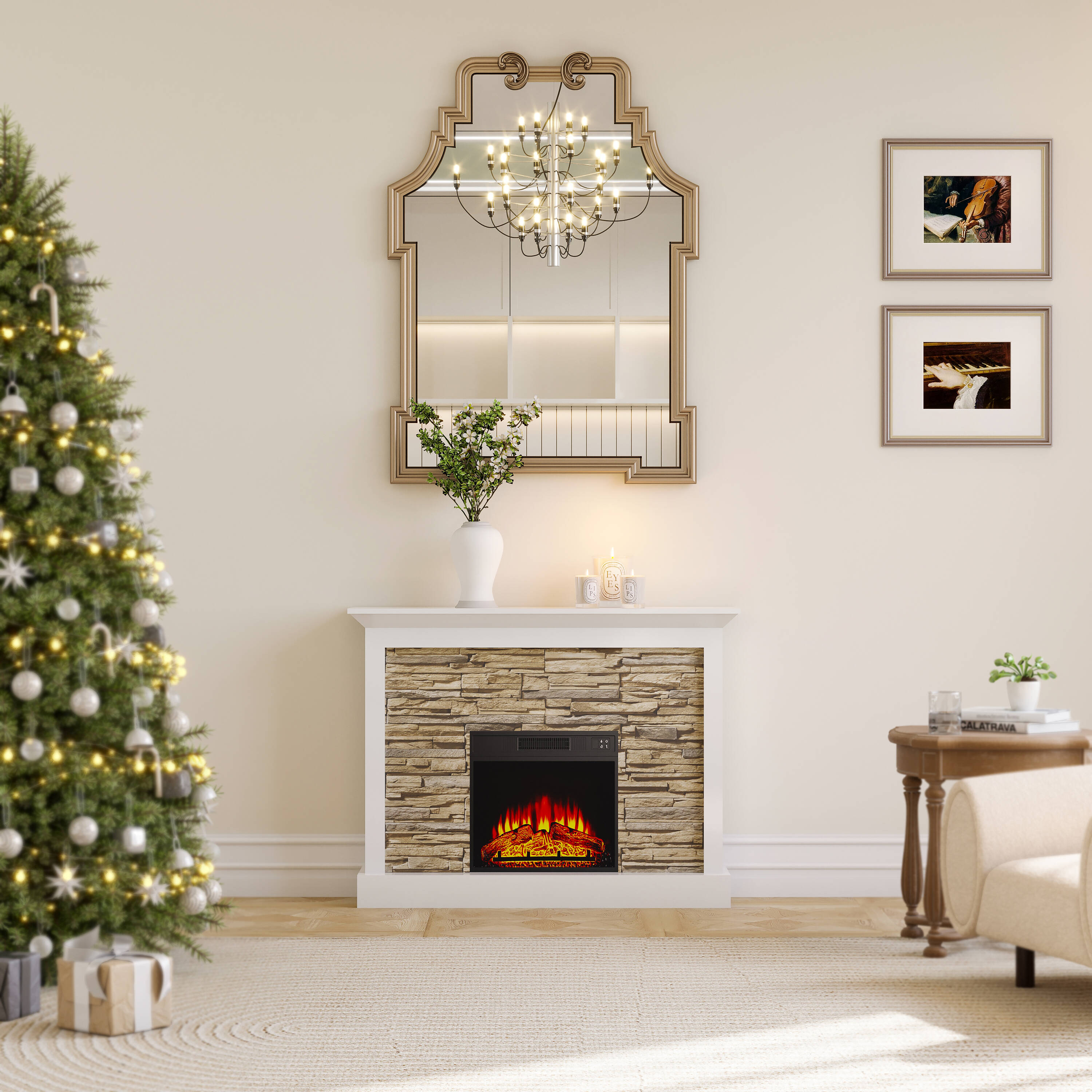 Ark Design FP-07 47.2-in W white Free standing Fan-forced Flat wall Electric Fireplace with Remote Control Included
