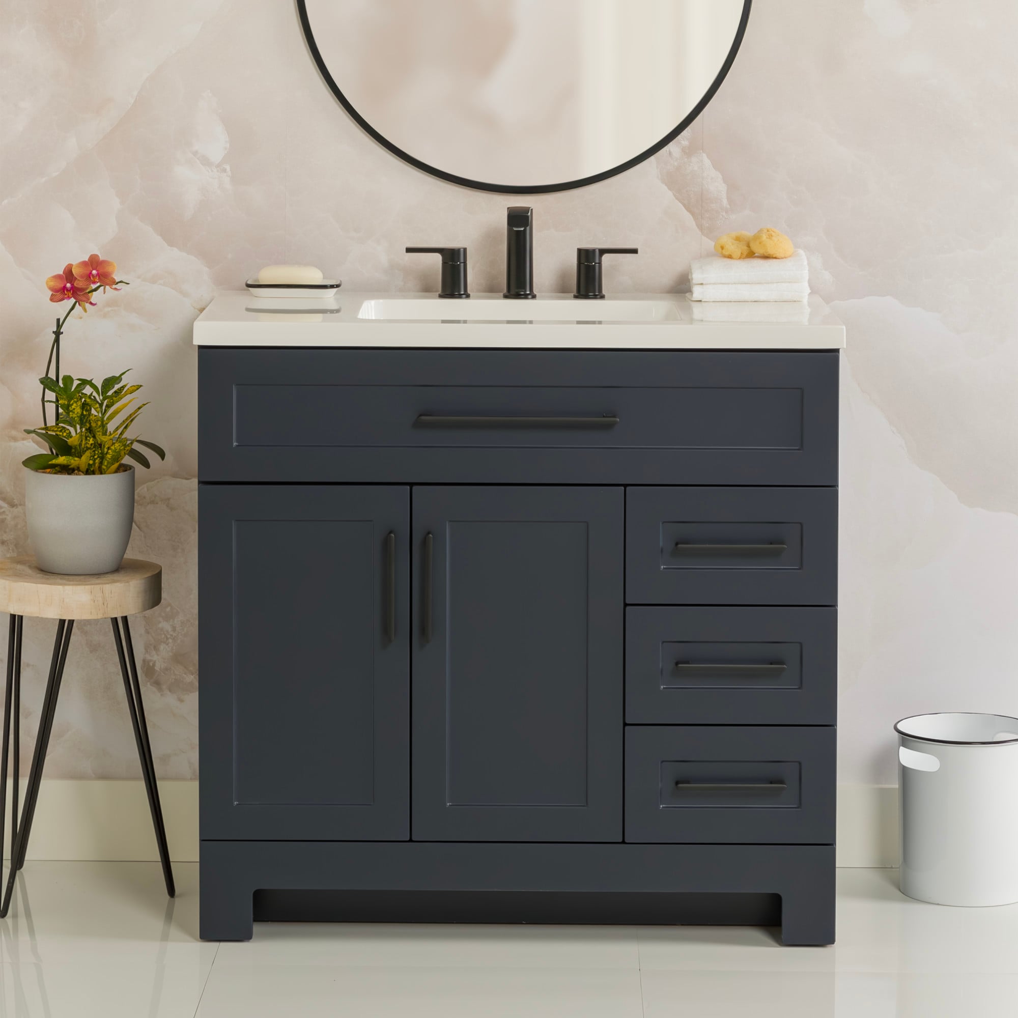 Style Selections Cauley 36-in Navy Blue Single Sink Bathroom Vanity with White Cultured Marble Top (Fully Assembled)