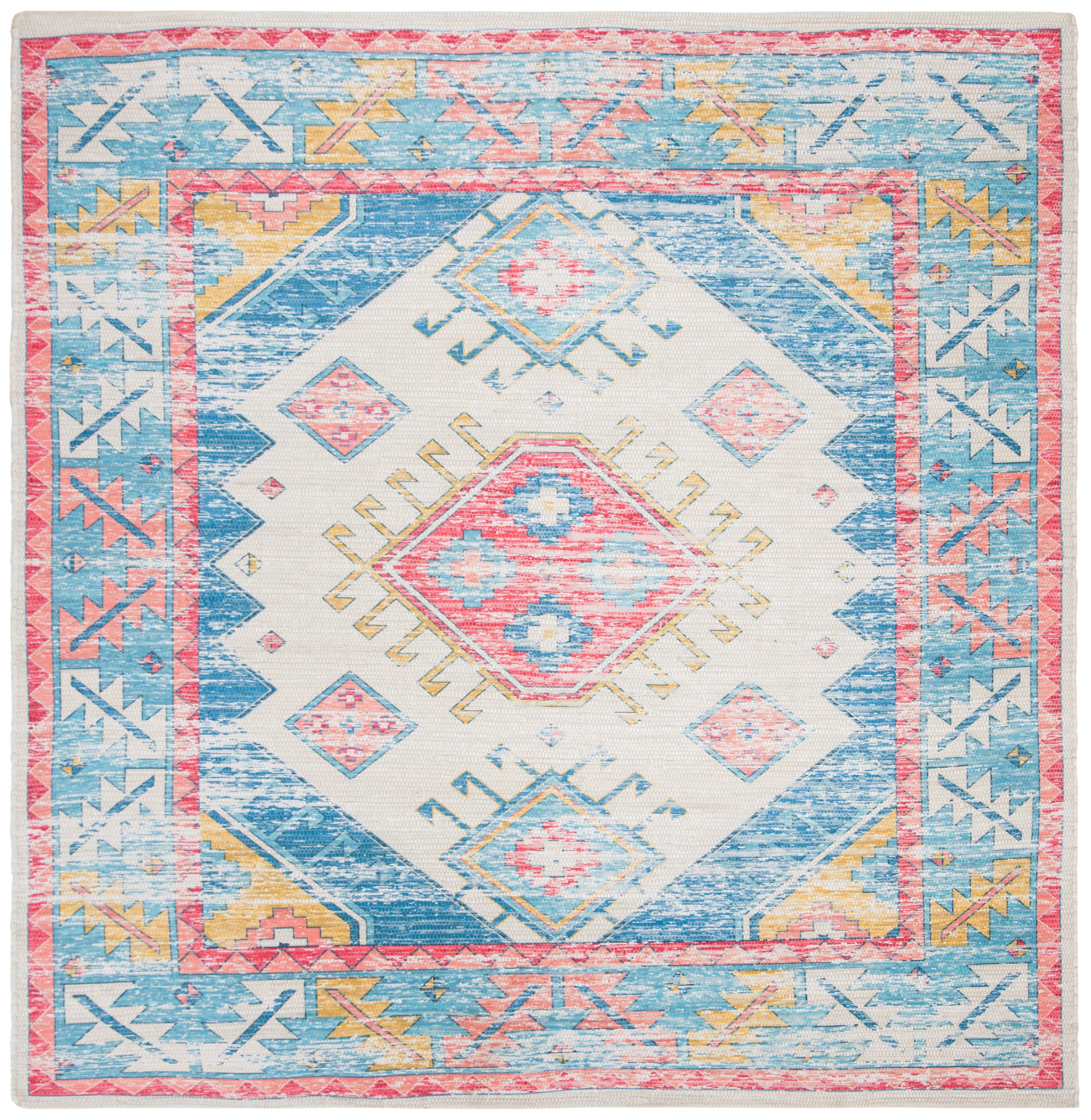 Saffron Elegance Blue and Cream Cotton Blend 6' Square Area Rug