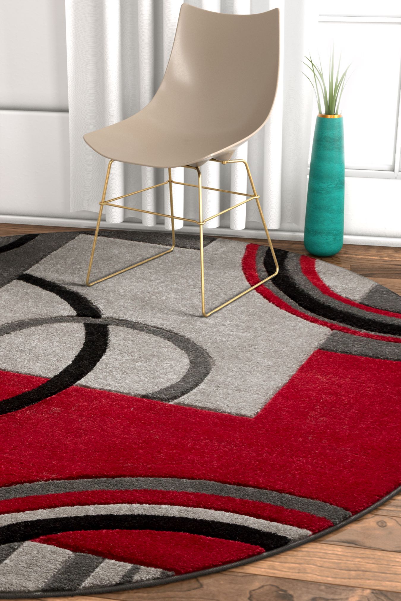 Well Woven 600100 5 x 5 (ft) Loomed Polypropylene Grey Red Round Indoor Abstract Mid-Century Modern Area rug