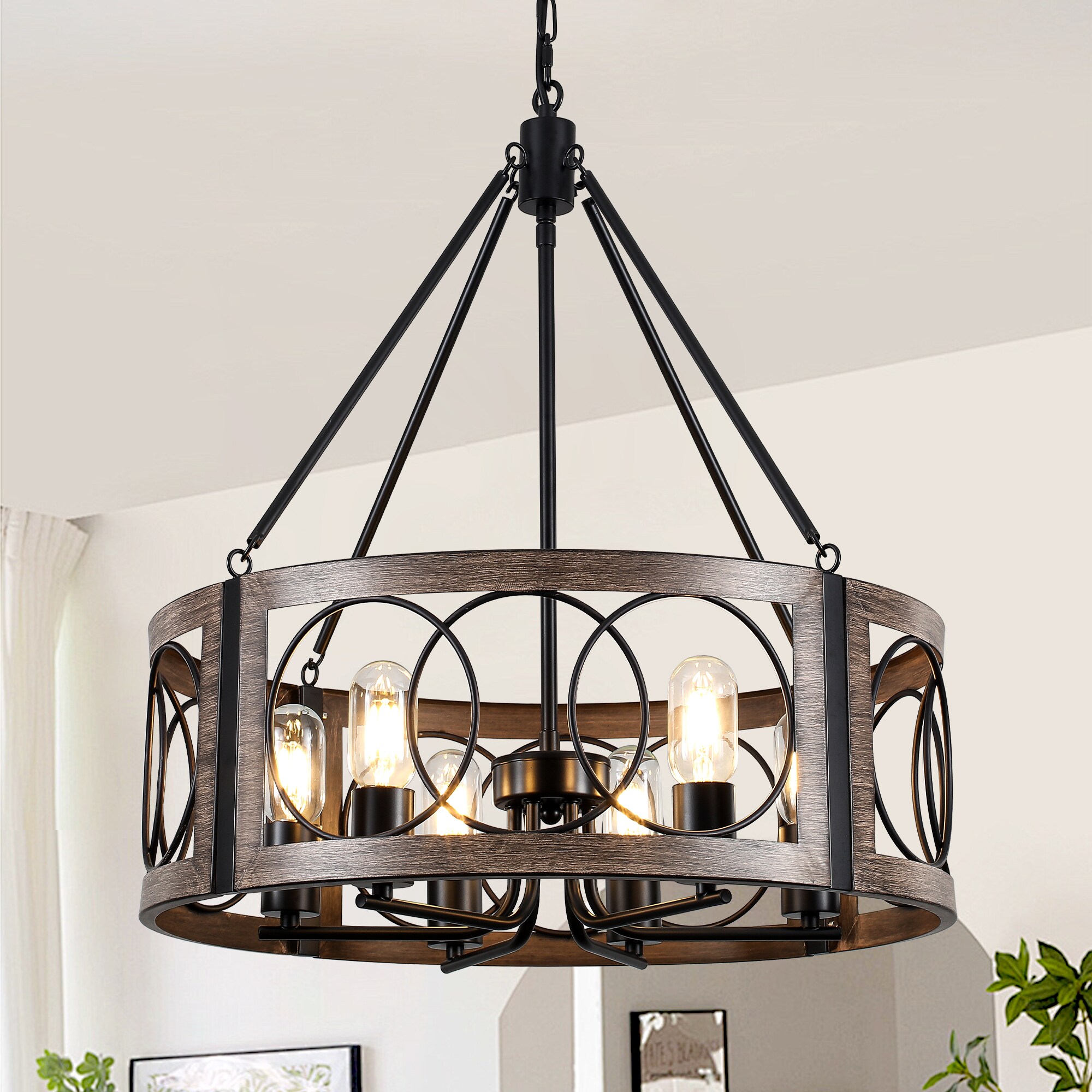 Zjvaive 21.65-in 6-Light Matte Black And Brown Metal Farmhouse Circular ...