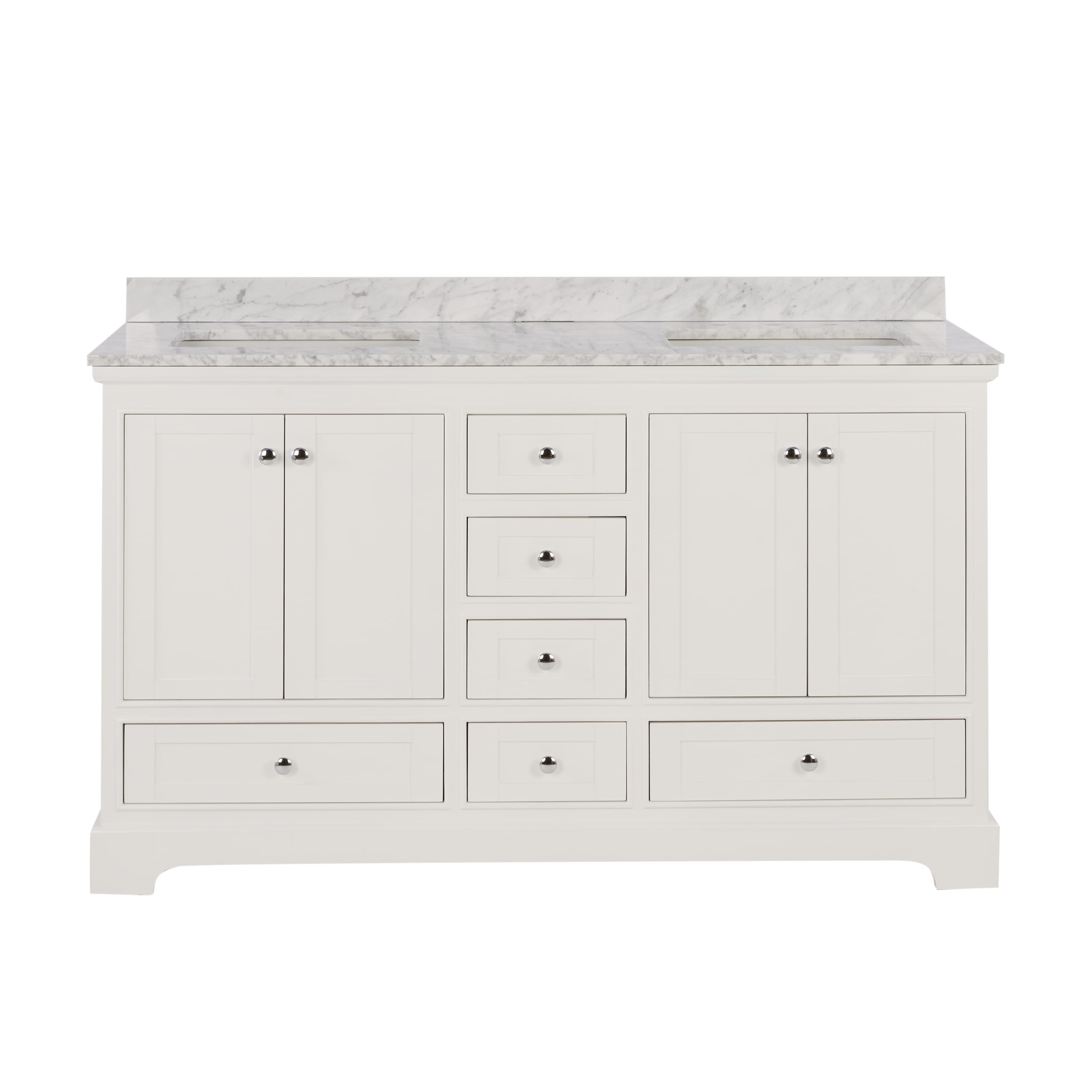 Wyndham Collection WCS202060DWHCMUNSMXX Deborah 60-in White with Polished Chrome Trim Undermount Double Sink Bathroom Vanity with White Carrara Natural Marble Top