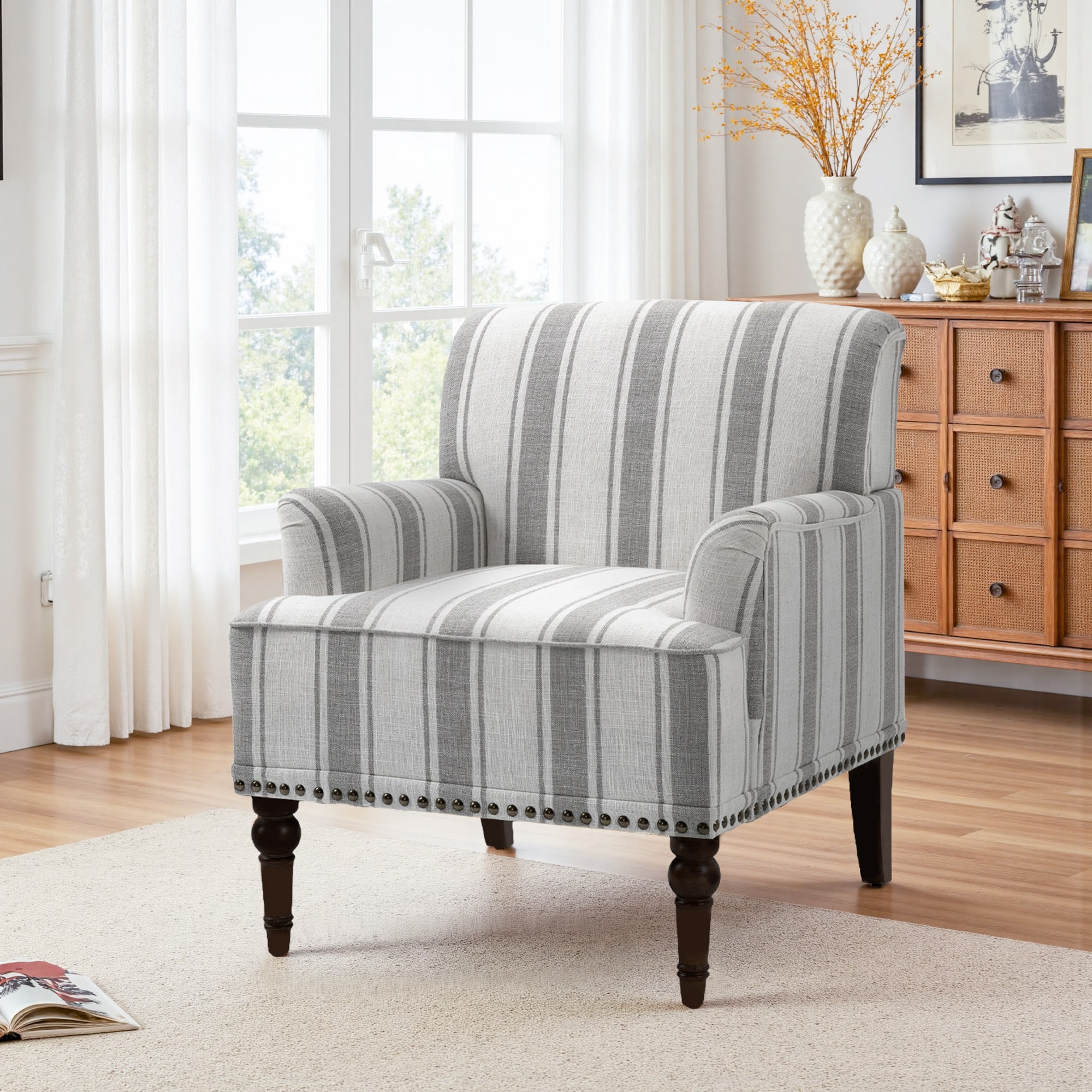 Dreamsidea - Cotton Linen Nailhead Trim Wooden Accent Armchair Chair GRAY STRIPE