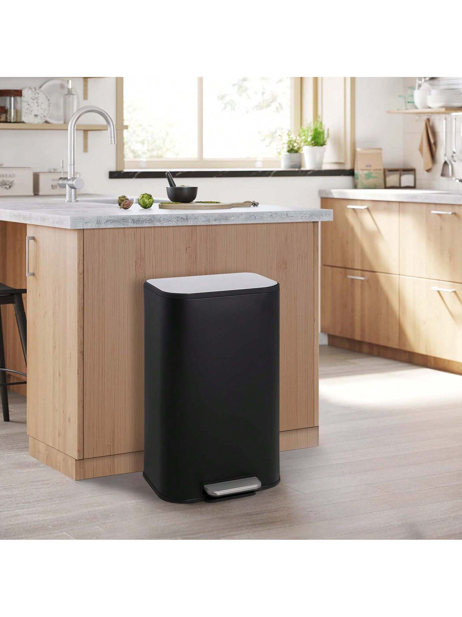 Qeetex PIS-3337SWNO-HF4 Kitchen Trash Can. 8 Gallon Stainless Steel Garbage Can With Soft Close Lid Foot Pedal and Removable Inner Bucket. Rectangular Step On Waste Bin For Home Office Living Room