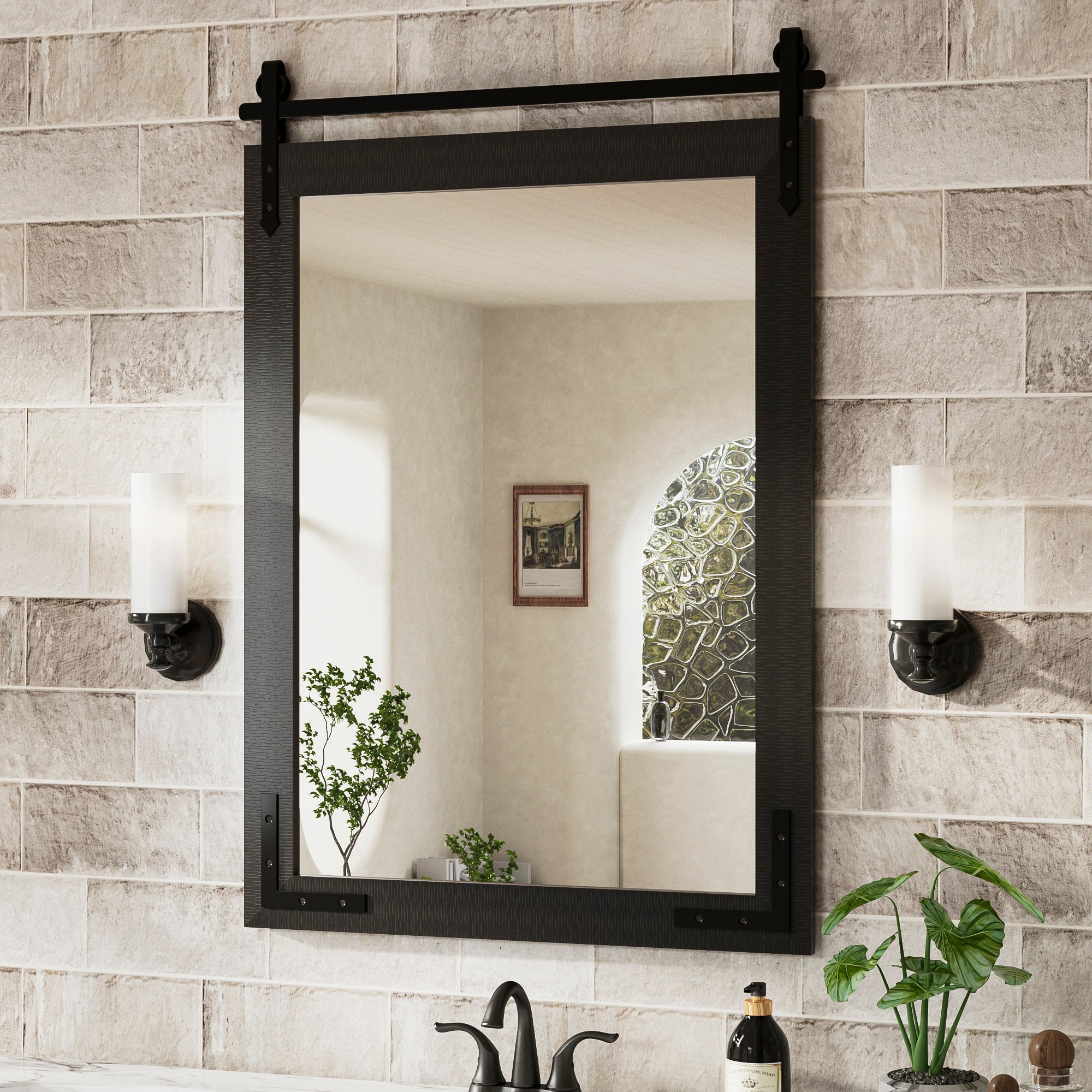 Keonjinn LW-GCJ-6191-BK Farmhouse Wall Mirrors 24-in W x 36-in H Rectangle Matte Black Framed Wall Mirror