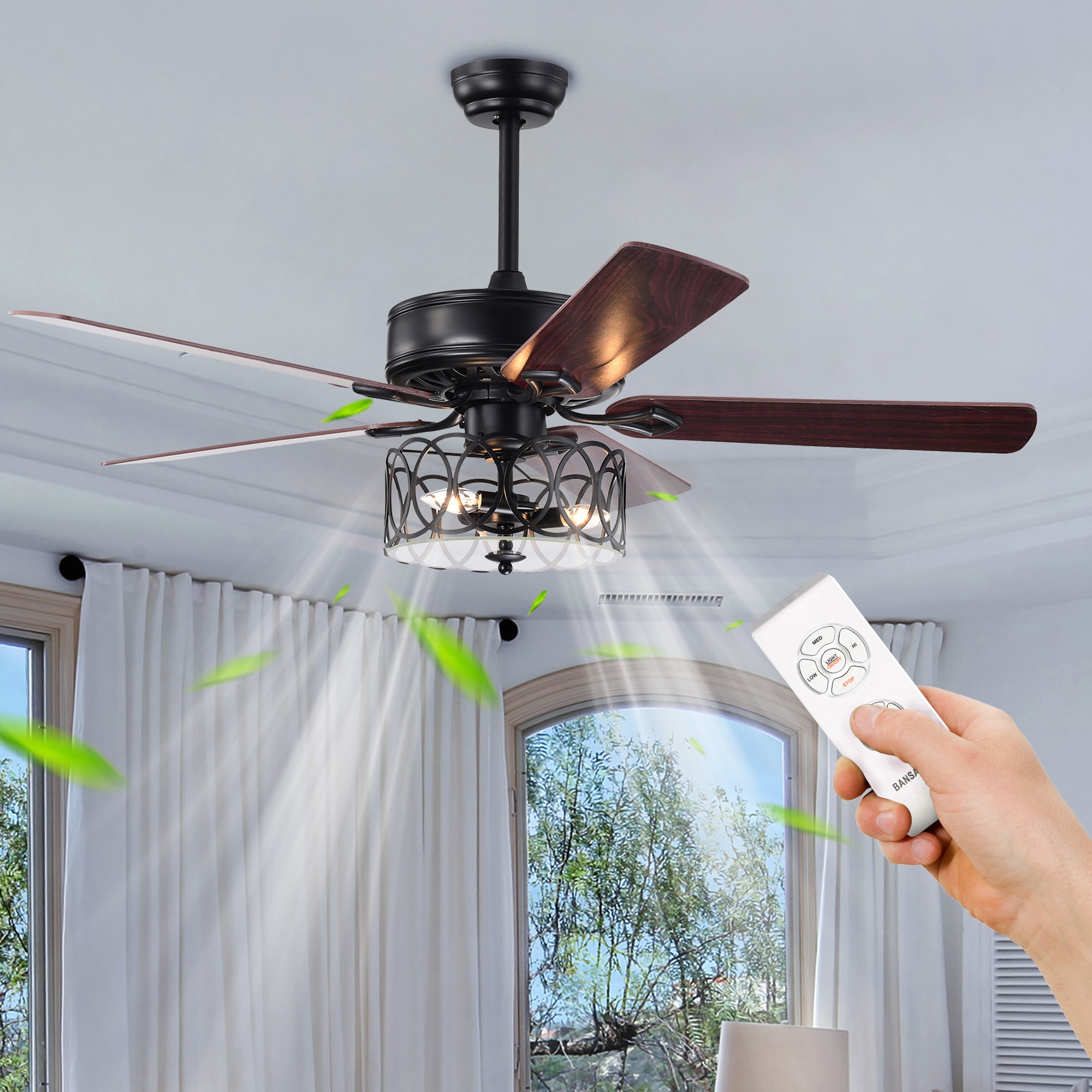 ExBrite DICF0074 52-Inches Matte Black with Solid Wood Blades Indoor Downrod mount Chandelier Ceiling Fan With Light and Remote ( 5 -Blade)