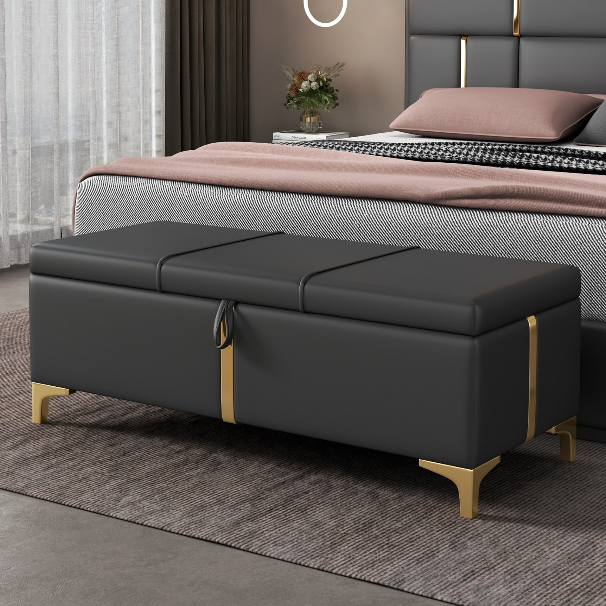 ModernLuxe L3P-N733P207788B Elegant Upholstered Storage OttomanStorage Bench with Metal Legs for BedroomLiving RoomFully Assembled Except LegsBlack