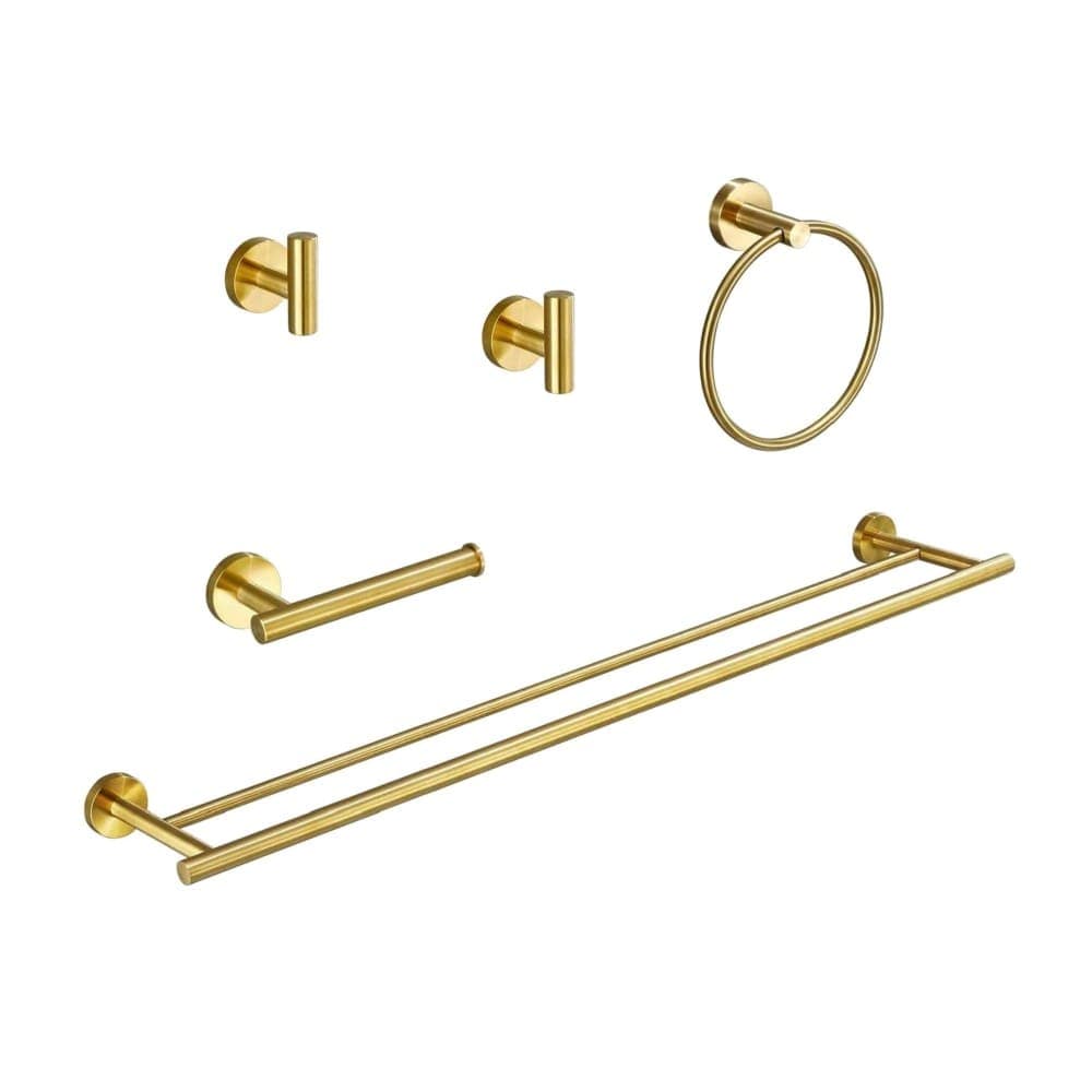 LuckByte 5-Piece Stainless Steel Bathroom Set with 24 in. Bath Towel Bar + Towel Ring for Wall Mounted in Brushed Gold