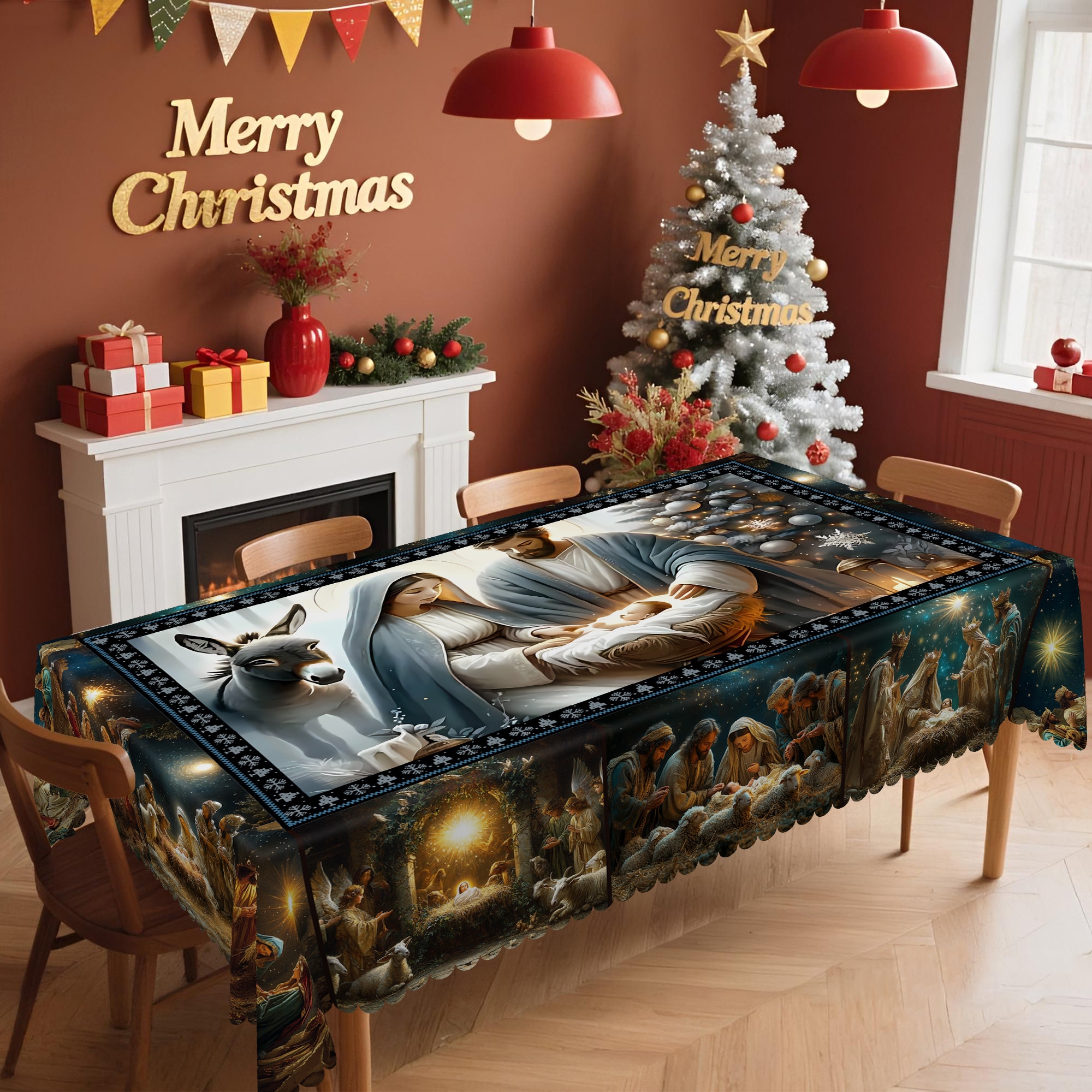 WISH TREE Black 55x70 inch Christmas Tablecloth Machine Washable Table Cloths with Christmas trees Santa and festive winter scenery Decorative Table Cover for Dining Room Kitchen Holiday Parties and Christmas Decor