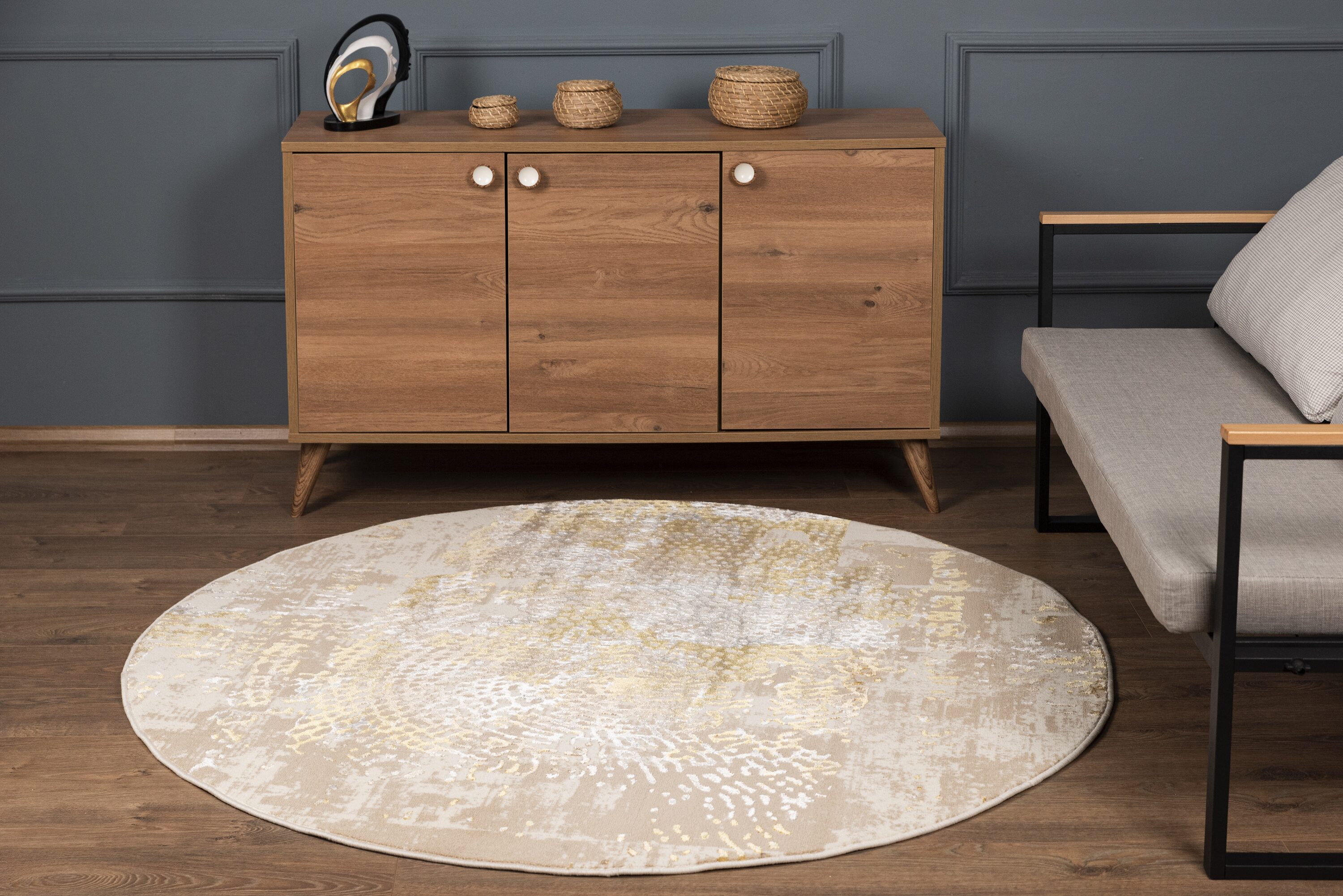 MDA Rugs LD0355 London 5 x 5 (ft) Polyester Cream and Brown Round Indoor Abstract Area rug