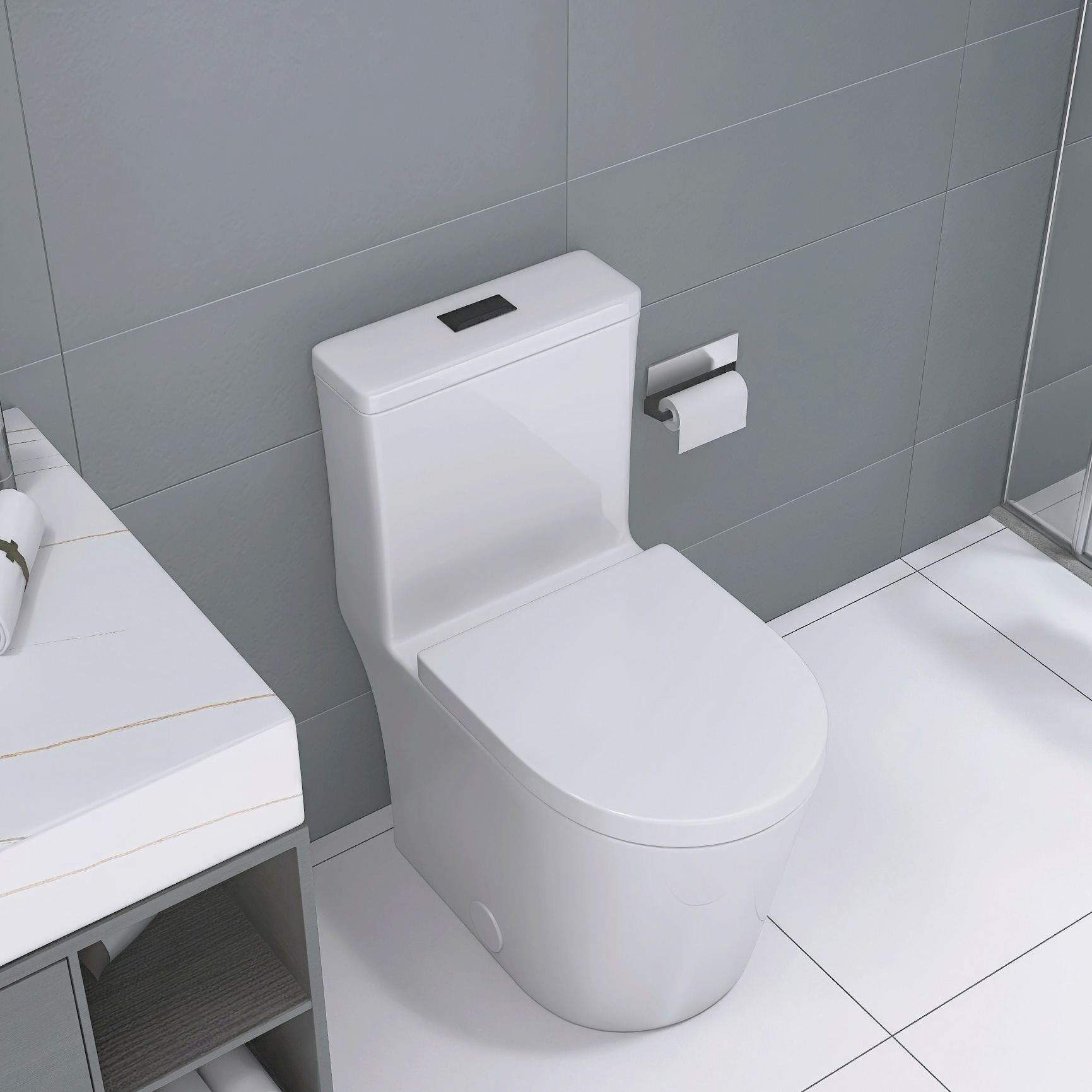 Forclover MOMMBWTO01BK White Compact elongated Standard height 12-in Rough-In 1.6 GPF Dual Flush Soft Close 1-piece Toilet
