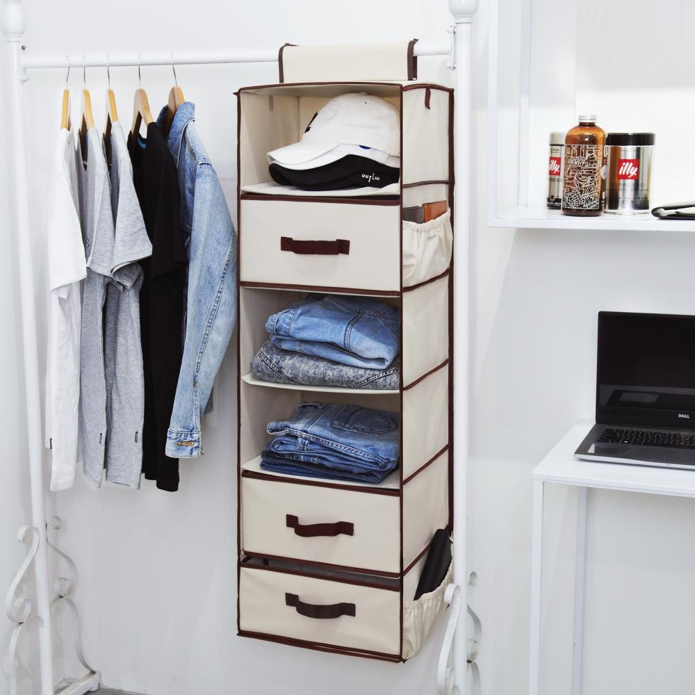 Foldable Hanging Closet Organizer with Drawers, 6-Shelf Closet Organizer,  Natural, Polyester Canvas, 13.6 x 12.2 x 42.5 