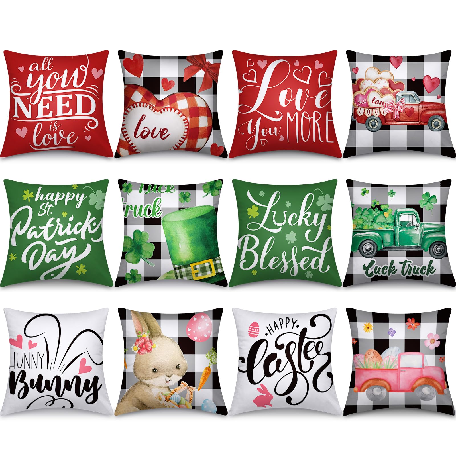 ITOPFOX  Set of 12 Holiday Pillow Covers 18 x 18 Inch Polyester Valentines Day St Patricks Day Easter Decorative Throw Case for Sofa or Bed