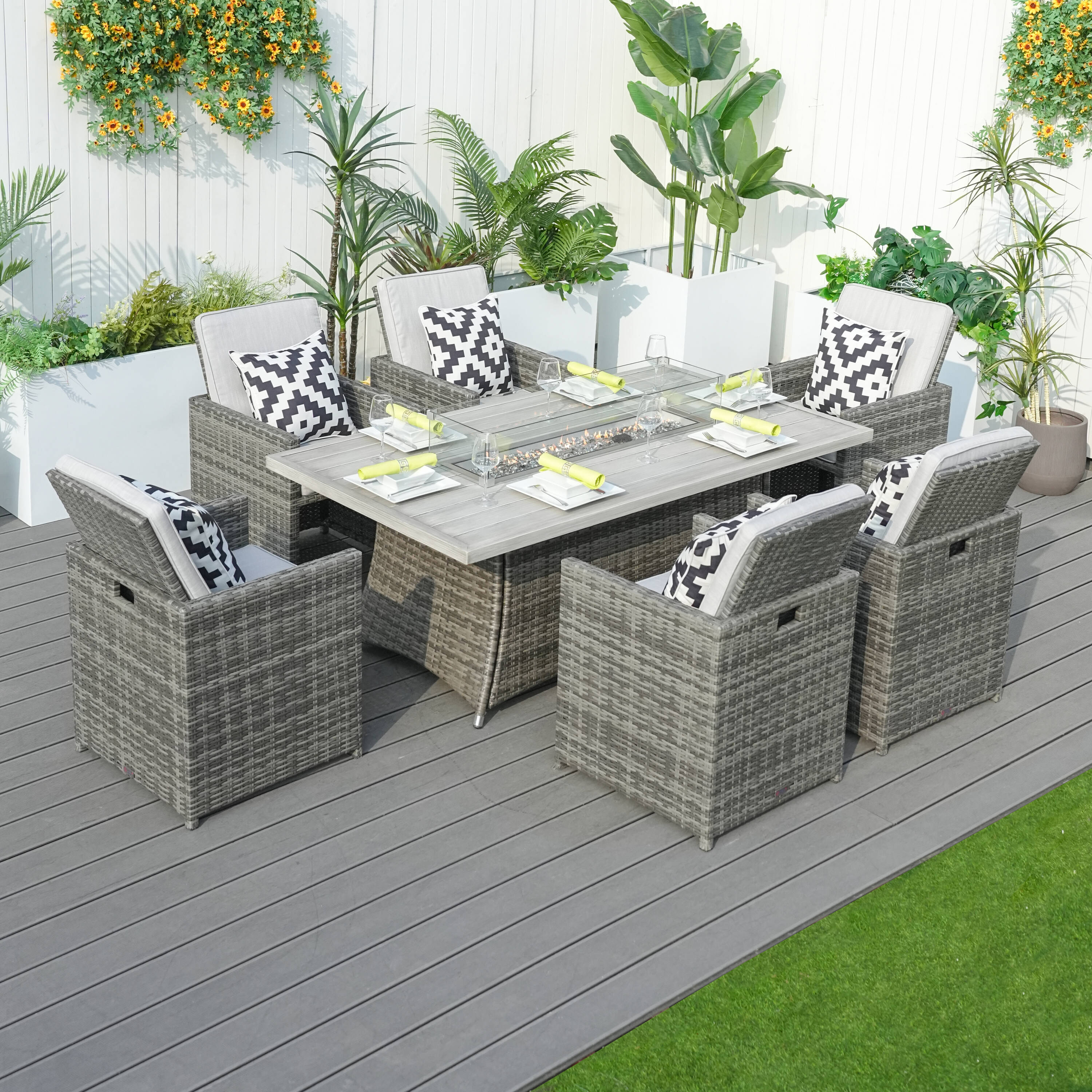 Direct Wicker DWG-06RA34-GR 7 -Piece Gray Wicker Patio Dining Set Wicker Rectangle Table with 6 Gray Cushions Stationary Chairs Fire Pit Included
