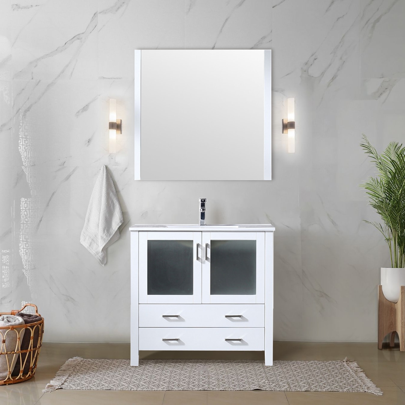 Lexora LV341836SAESM34F Volez 36-in White Single sink Bathroom Vanity with White Ceramic Top (Mirror Included) (Faucet Included)