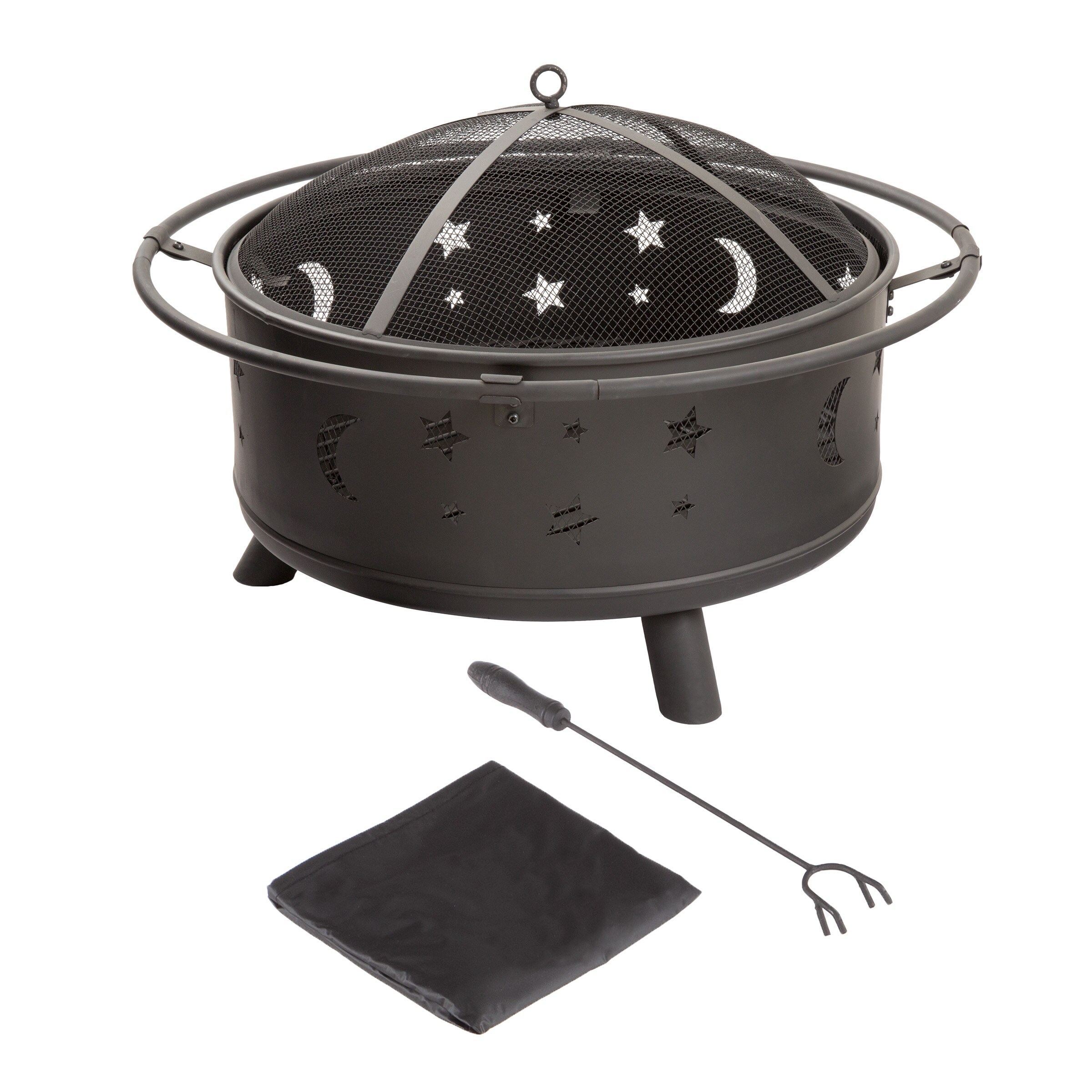 32-Inch Black Steel Wood Burning Fire Pit with Star and Moon Cutouts