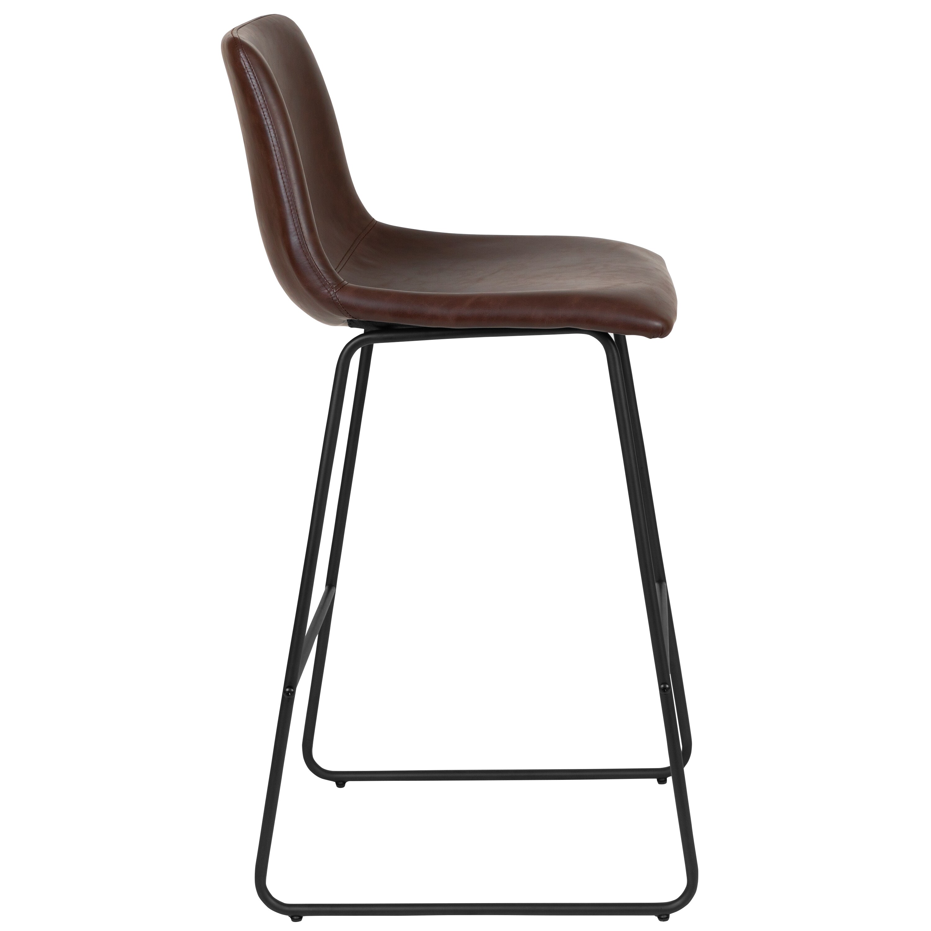 Dark Brown Leather and Metal Bar Height Stools, Set of 2