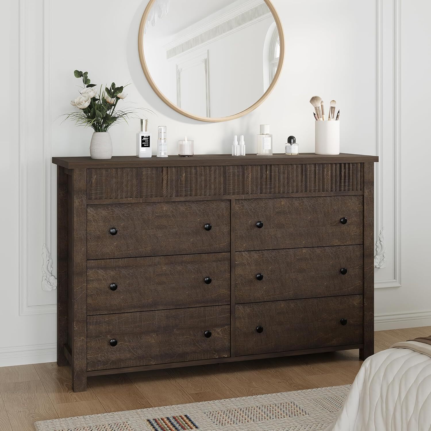 Garvee 6 Drawer Dresser for Bedroom Wooden Chest of Drawers Fluted TV Stand Storage Organizer for Living Room Hallway and Entryway Walnut