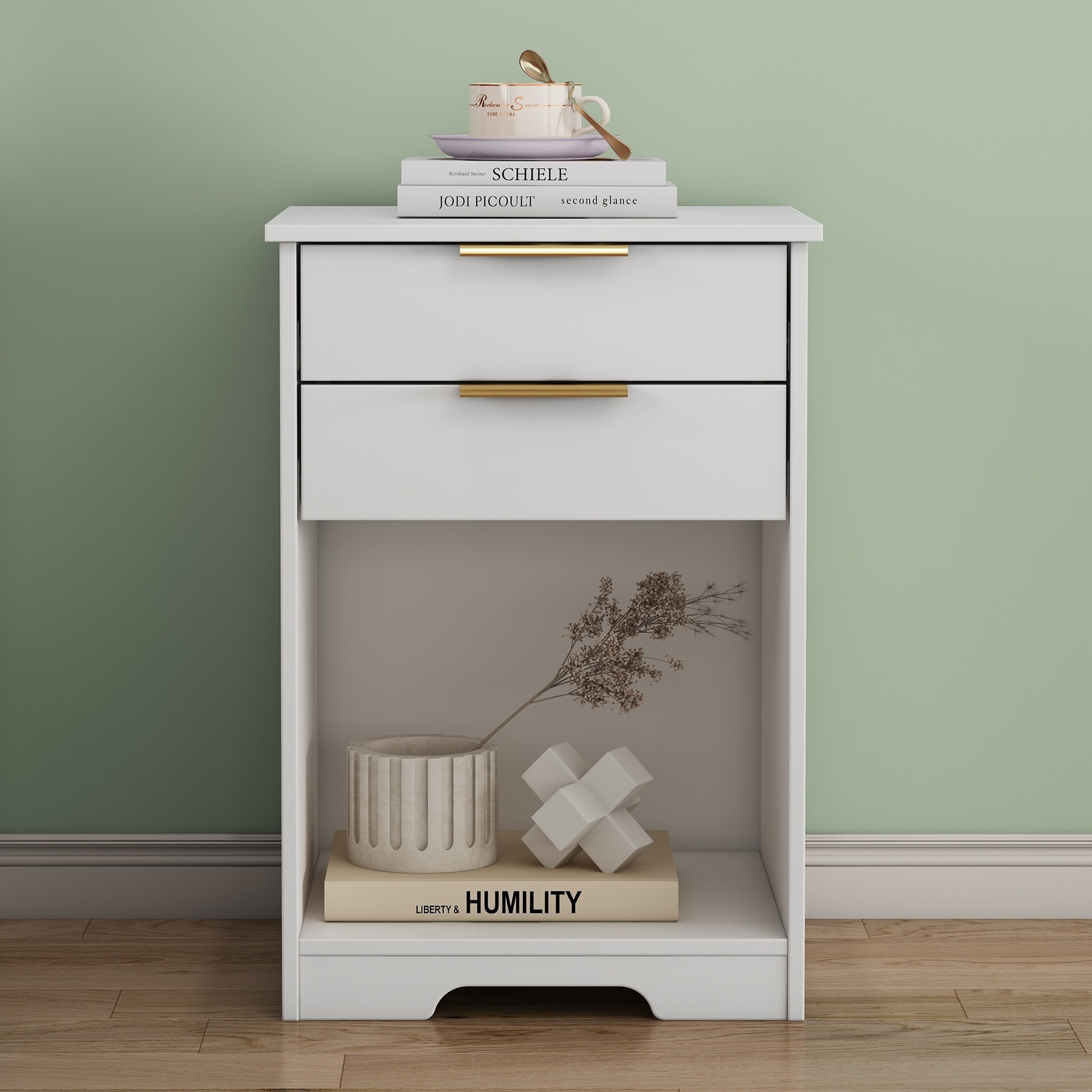 Horizons Prime - 16 inch x 14 inch x 23 inch White Particle Board Nightstand with 2 Drawers and O...
