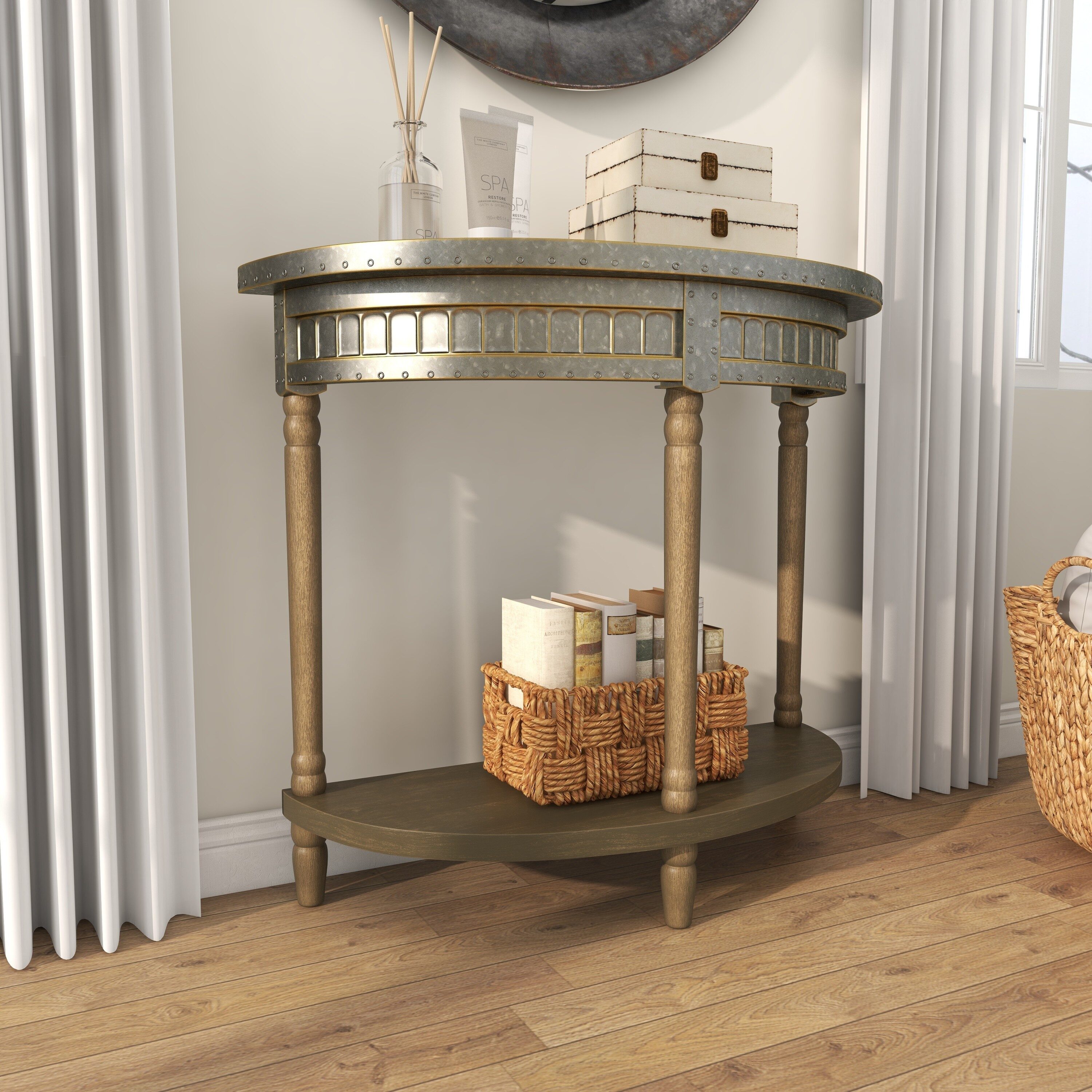 Beige and Gray Metal Wood Half Moon Console Table