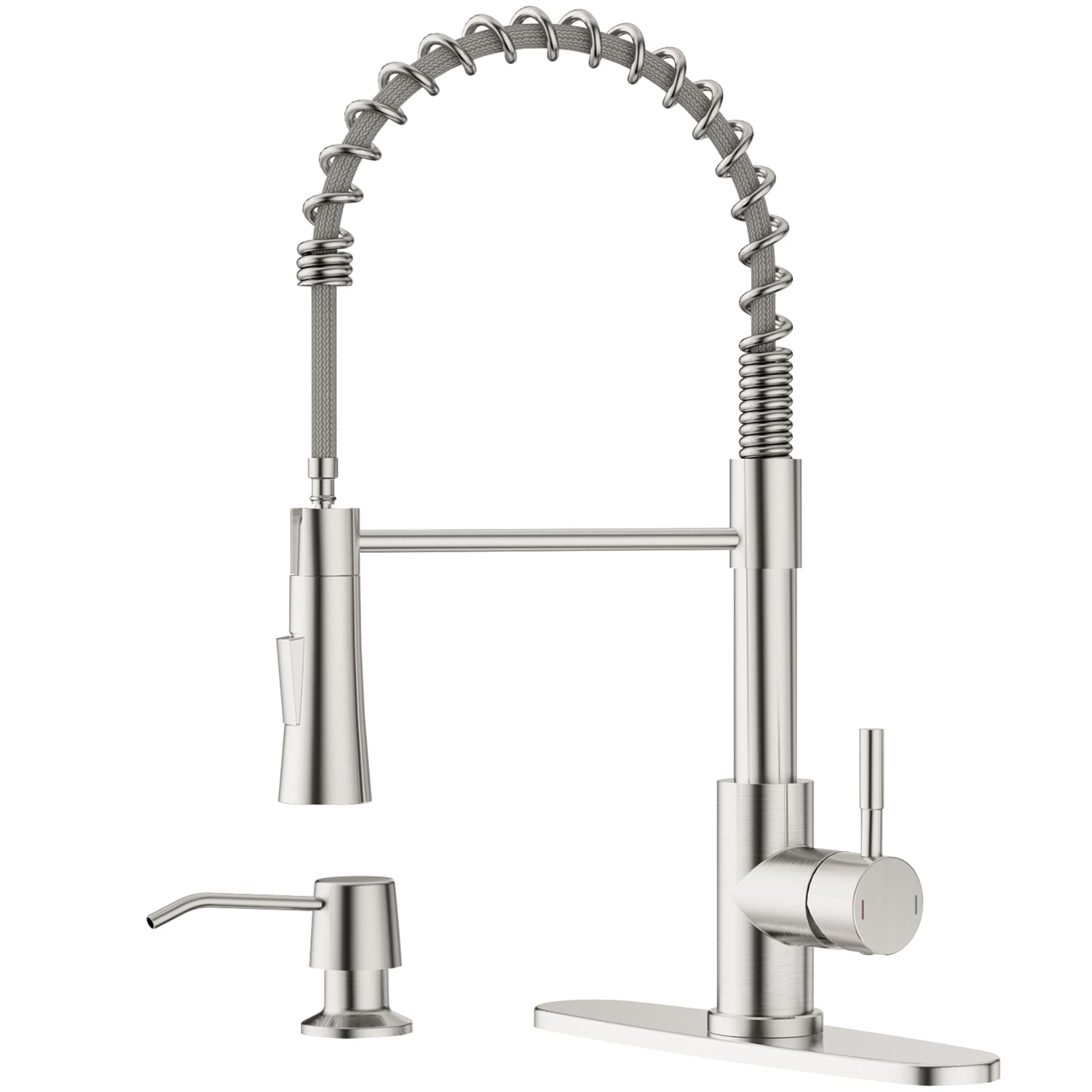 APPASO 829BN-SD Brushed Nickel Single Handle Deck-mount Pull-down Kitchen Faucet with Sprayer ( Deck Plate Included ) (Soap Dispenser Included)