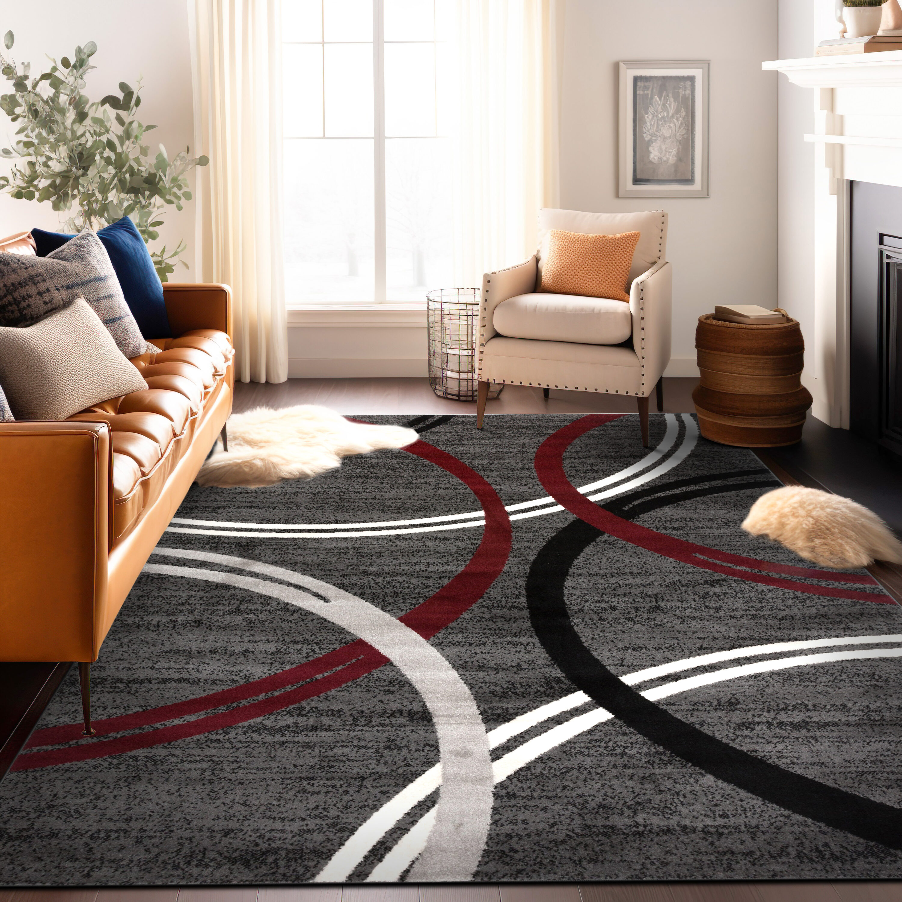 World Rug Gallery 377RED5X8 Princeton 5 x 7 (ft) Loomed Polypropylene Red Rectangular Indoor Abstract Mid-Century Modern Area rug