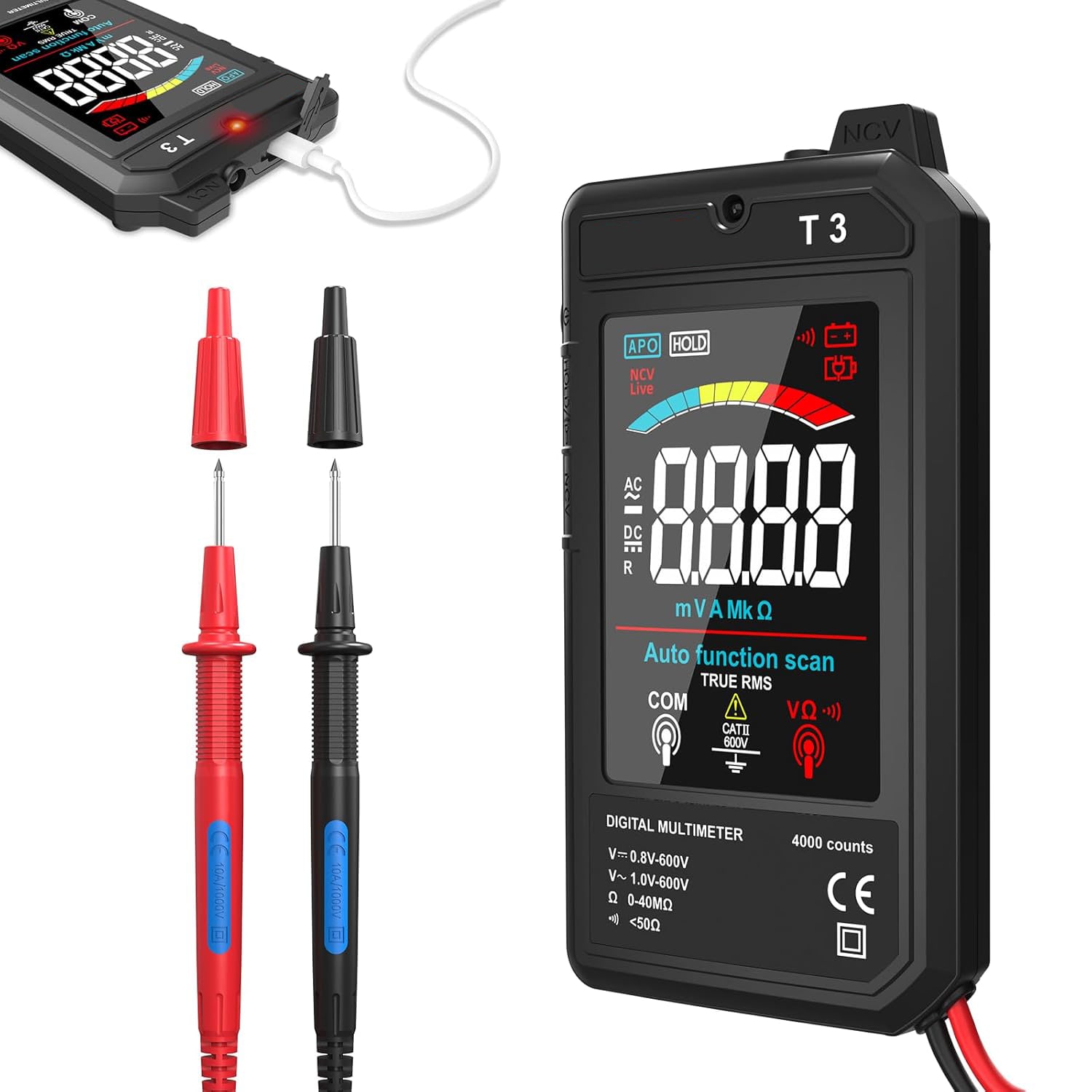 Etokfoks digital multimeter 4000 count auto ranging voltmeter with 3 19 inch color LCD screen for AC DC voltage resistance and NCV detection #LET20A4RY