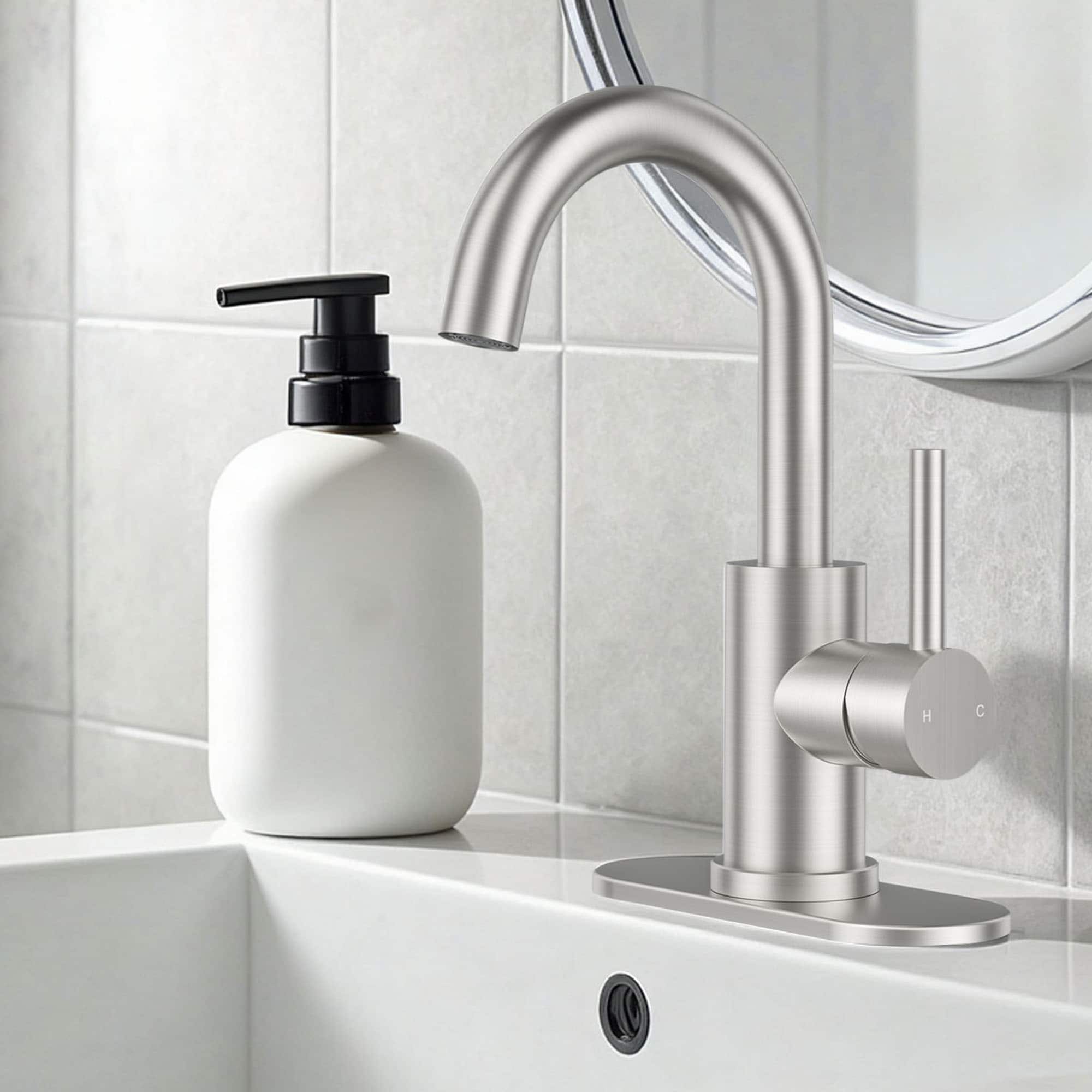 androme AD3M52BN Brushed Nickel Single hole 1-handle Swivel Commercial/Residential Handle Bathroom Sink Faucet with Drain with Deck Plate