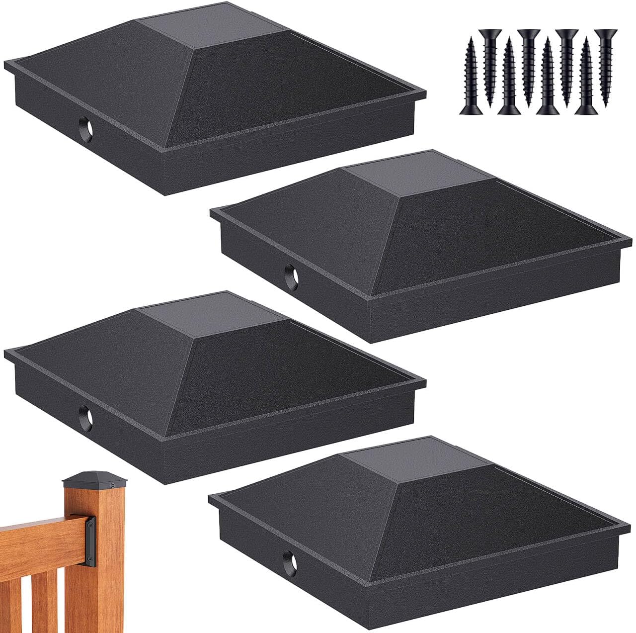 Etokfoks  4 by 4 Aluminum Fence Post Caps Actual 3 66 by 3 66 Black Fade Resistant Coating Screws 4 Pack for Decks Fences and Porches