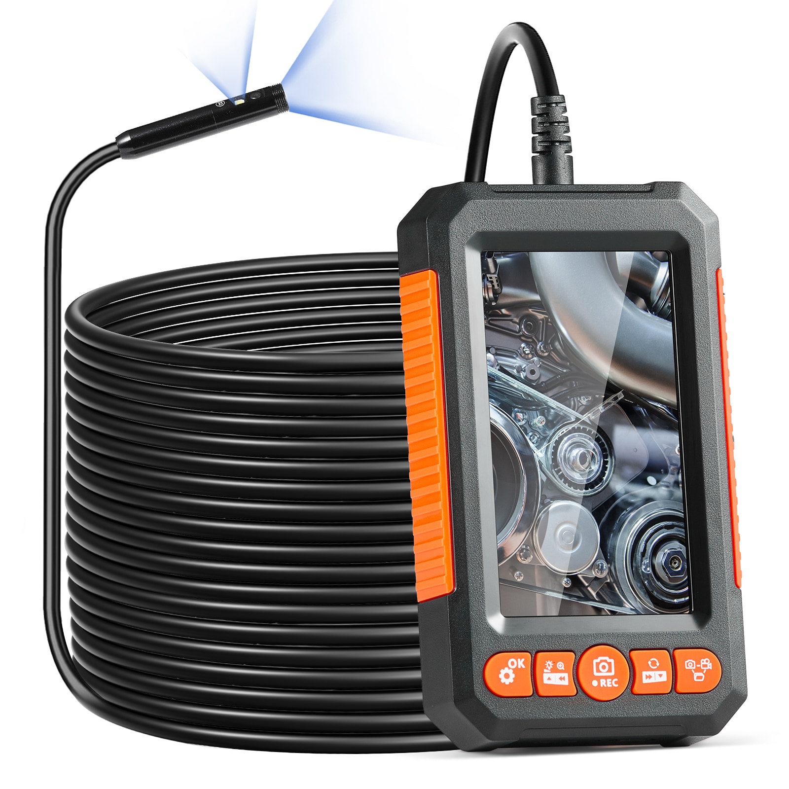 VEVOR SCFXKQXNKJDP05854V9 Endoscope Camera with Light  Dual Lens Borescope with 49.2FT Semi-Rigid Cable  4.3in Screen 1080P Inspection Camera  8 + 1 LED Lights  4X Zoom  IP67 Waterproof Snake Camera for Auto  Plumbing