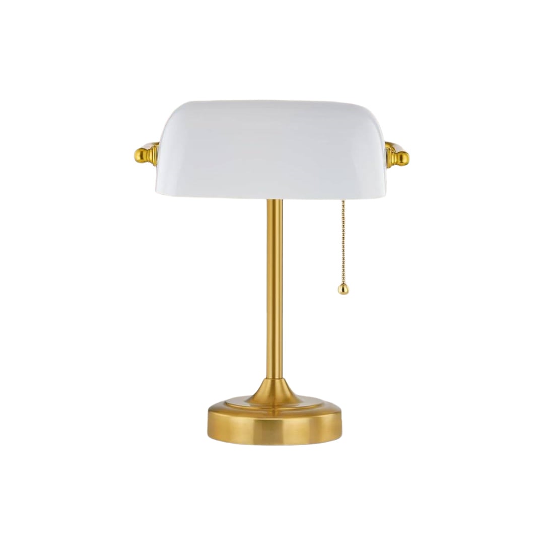Slickblue Gold Base USB Desk Lamp (14.41 Inch) Vintage Adjustable Gold Satin Pull Chain Switch Bankers Desk Lamp with USB/USB-C Charging Ports for Bedroom Study Library or Office